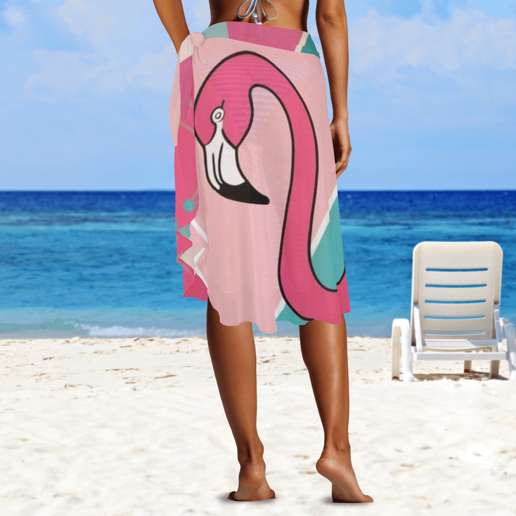Flamingo Vibes, Mid Mod Pink Aqua Womens Swimsuit Cover Up Ruffle Tie Side Beach Sarong Wrap Maxi Skirt - Mid Century Modern Gal