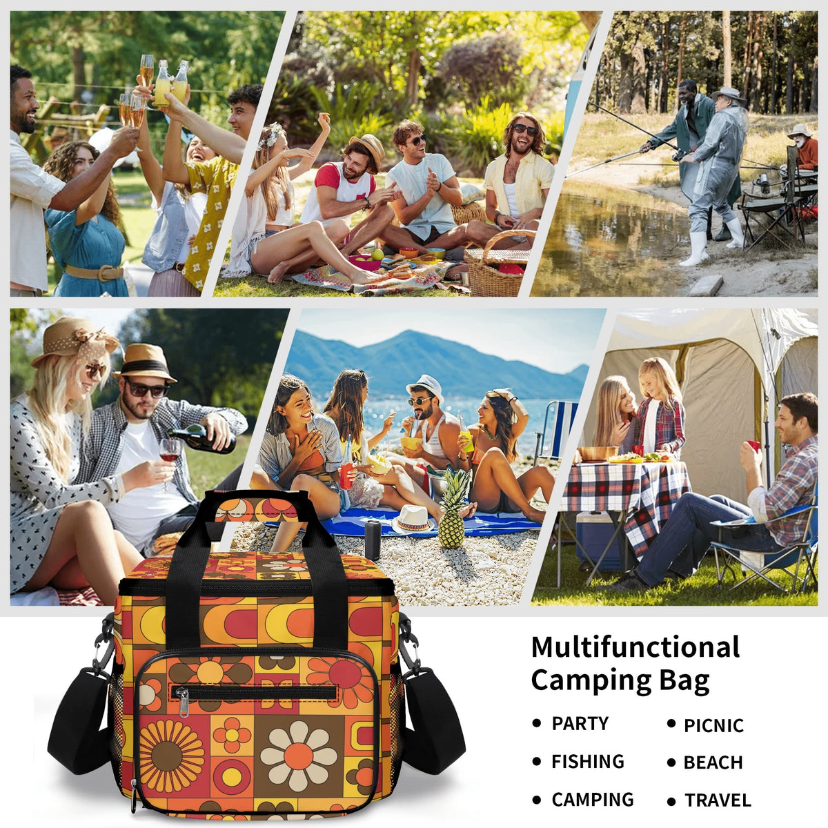 Retro Hipster Mid Mod Flower Power Brown Orange Yellow Groovy Mod 70s Designed, Mod Beach, Pool Cooler Bag - Mid Century Modern Gal