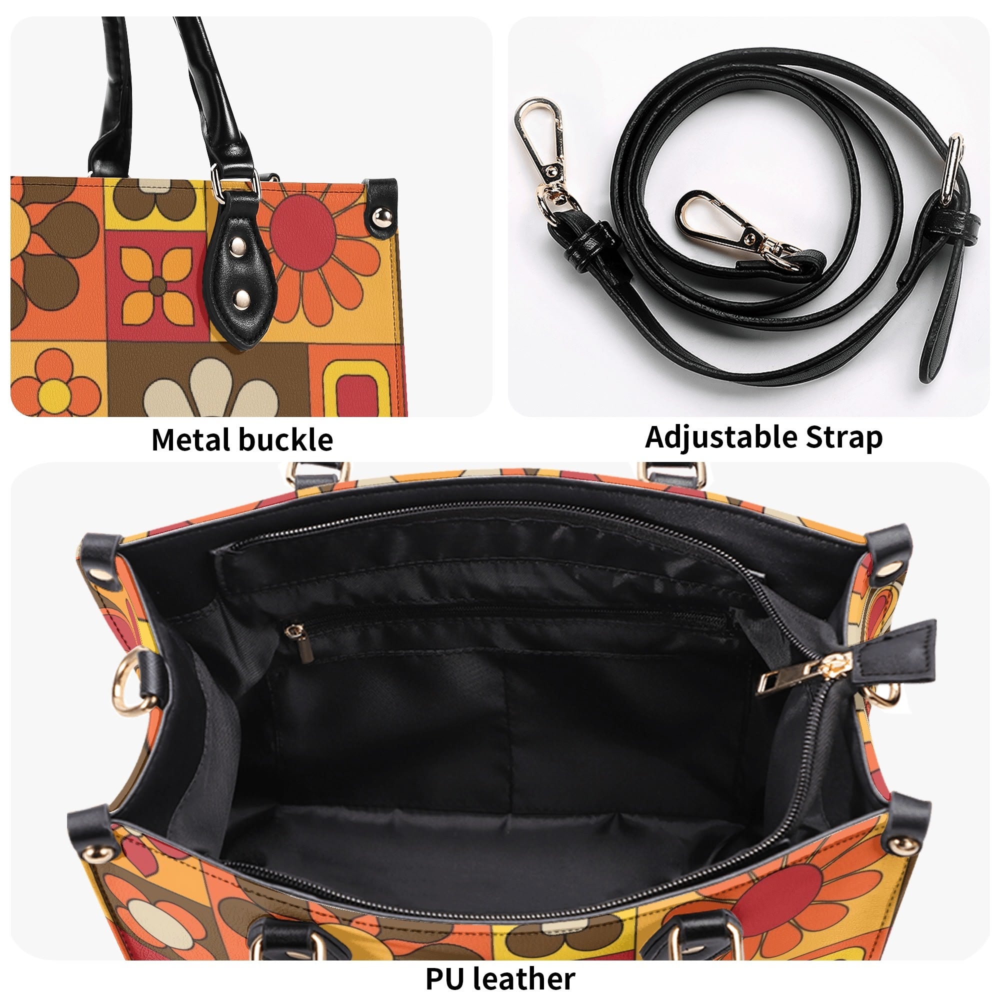 Retro 70s Summer Vibes Flower Power Hipster Funky Fun Handbag, Shoulder Bag - Mid Century Modern Gal