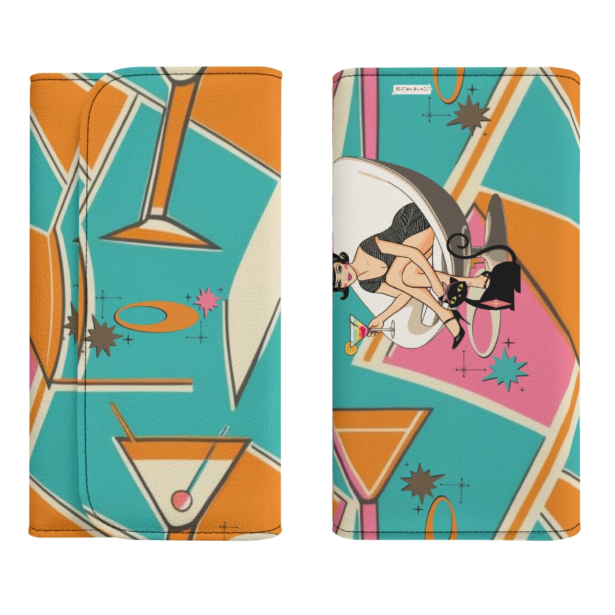 Atomic Cocktail Hour, Mid Mod Gal Kitschy Fun Trifold Wallet - Mid Century Modern Gal