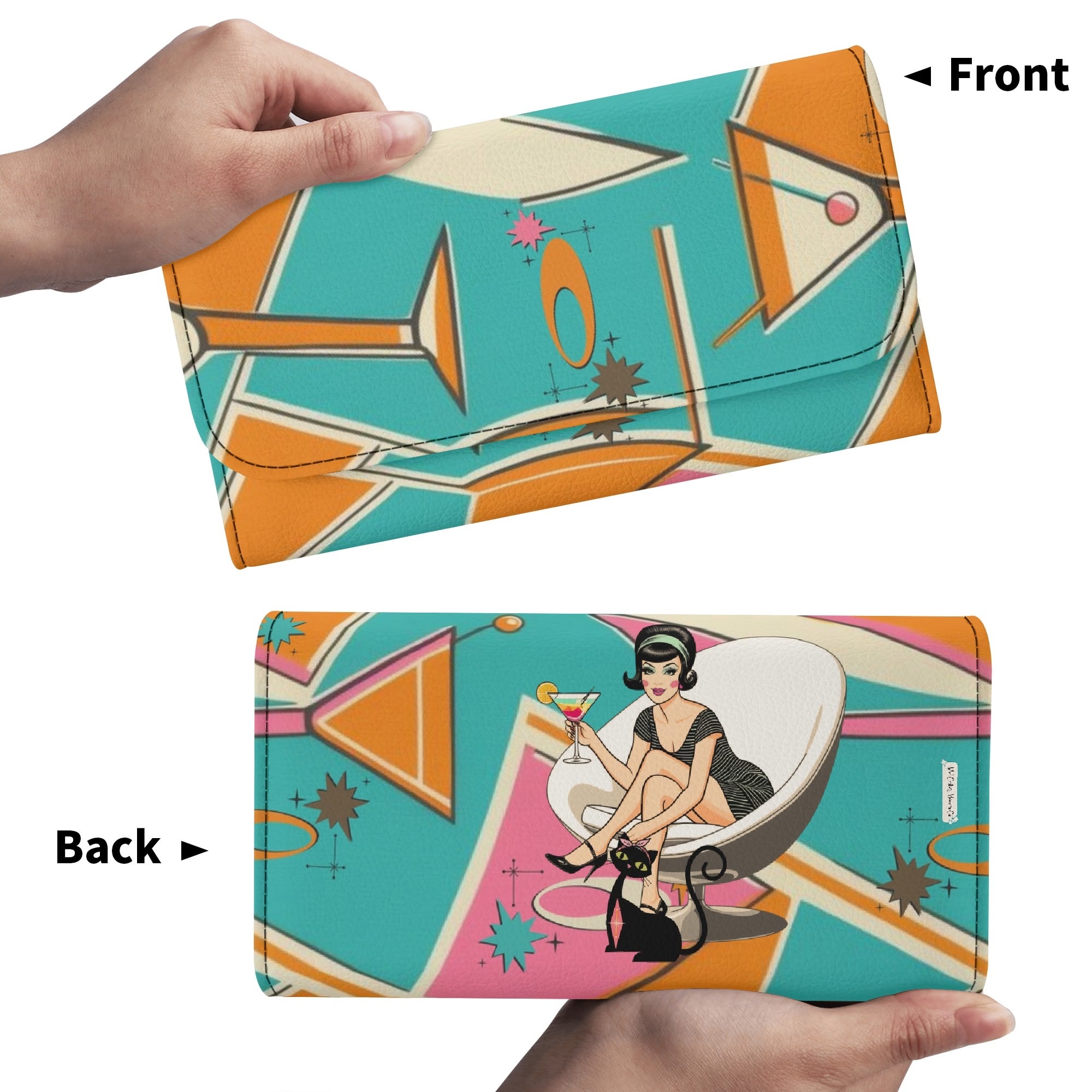 Atomic Cocktail Hour, Mid Mod Gal Kitschy Fun Trifold Wallet - Mid Century Modern Gal