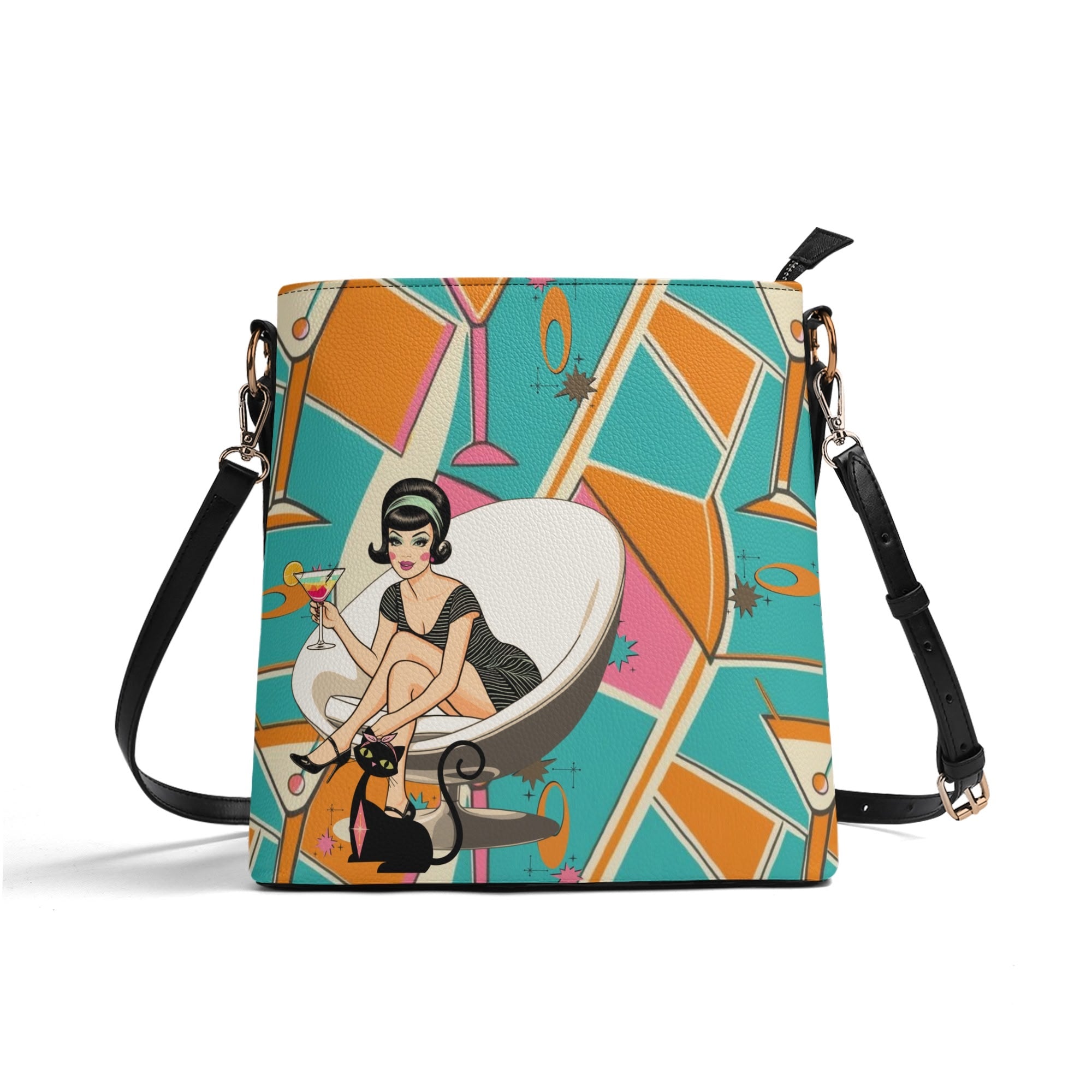 Atomic Cocktail Retro Mod Gal, Atomic Cat Kitschy Fun Bucket Bag - Mid Century Modern Gal