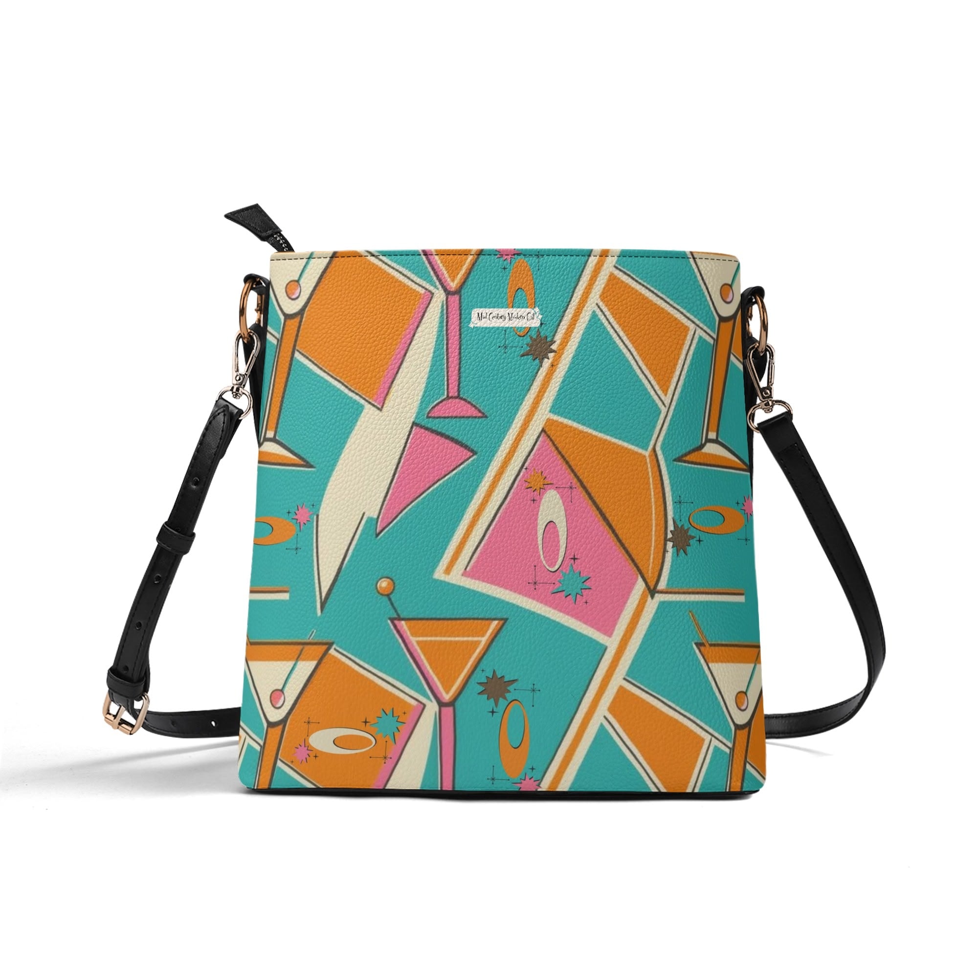 Atomic Cocktail Retro Mod Gal, Atomic Cat Kitschy Fun Bucket Bag - Mid Century Modern Gal