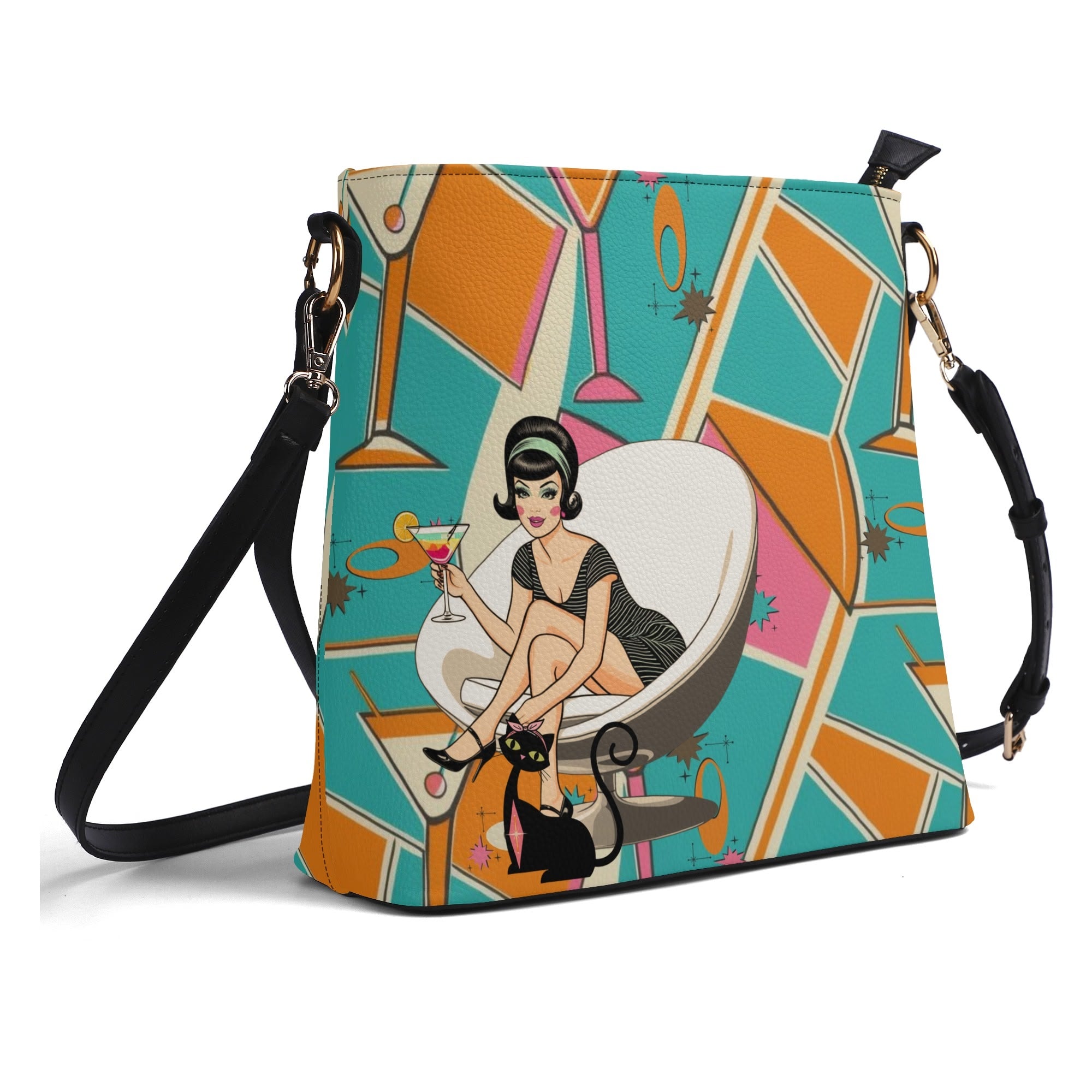 Atomic Cocktail Retro Mod Gal, Atomic Cat Kitschy Fun Bucket Bag - Mid Century Modern Gal