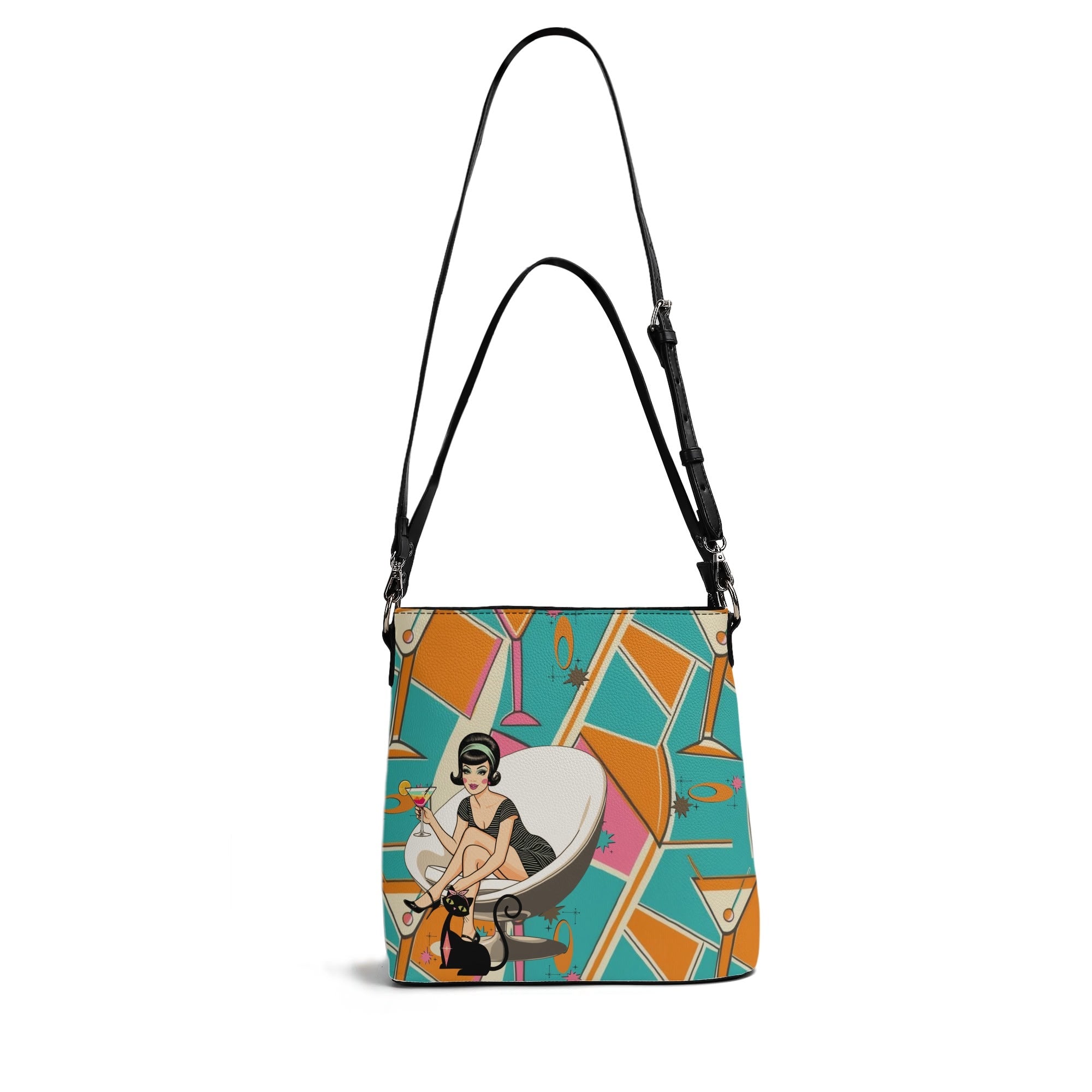 Atomic Cocktail Retro Mod Gal, Atomic Cat Kitschy Fun Bucket Bag - Mid Century Modern Gal