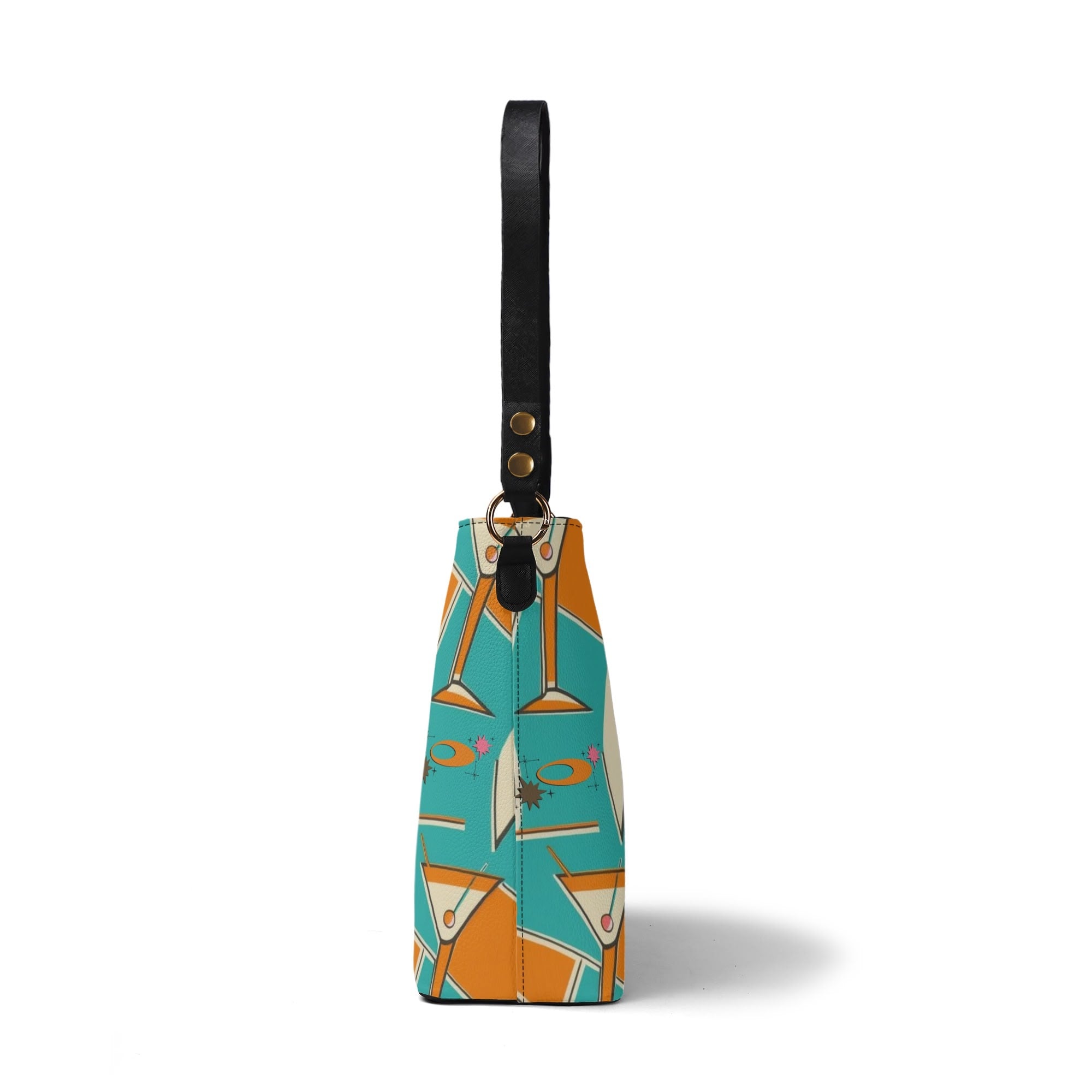 Atomic Cocktail Retro Mod Gal, Atomic Cat Kitschy Fun Bucket Bag - Mid Century Modern Gal