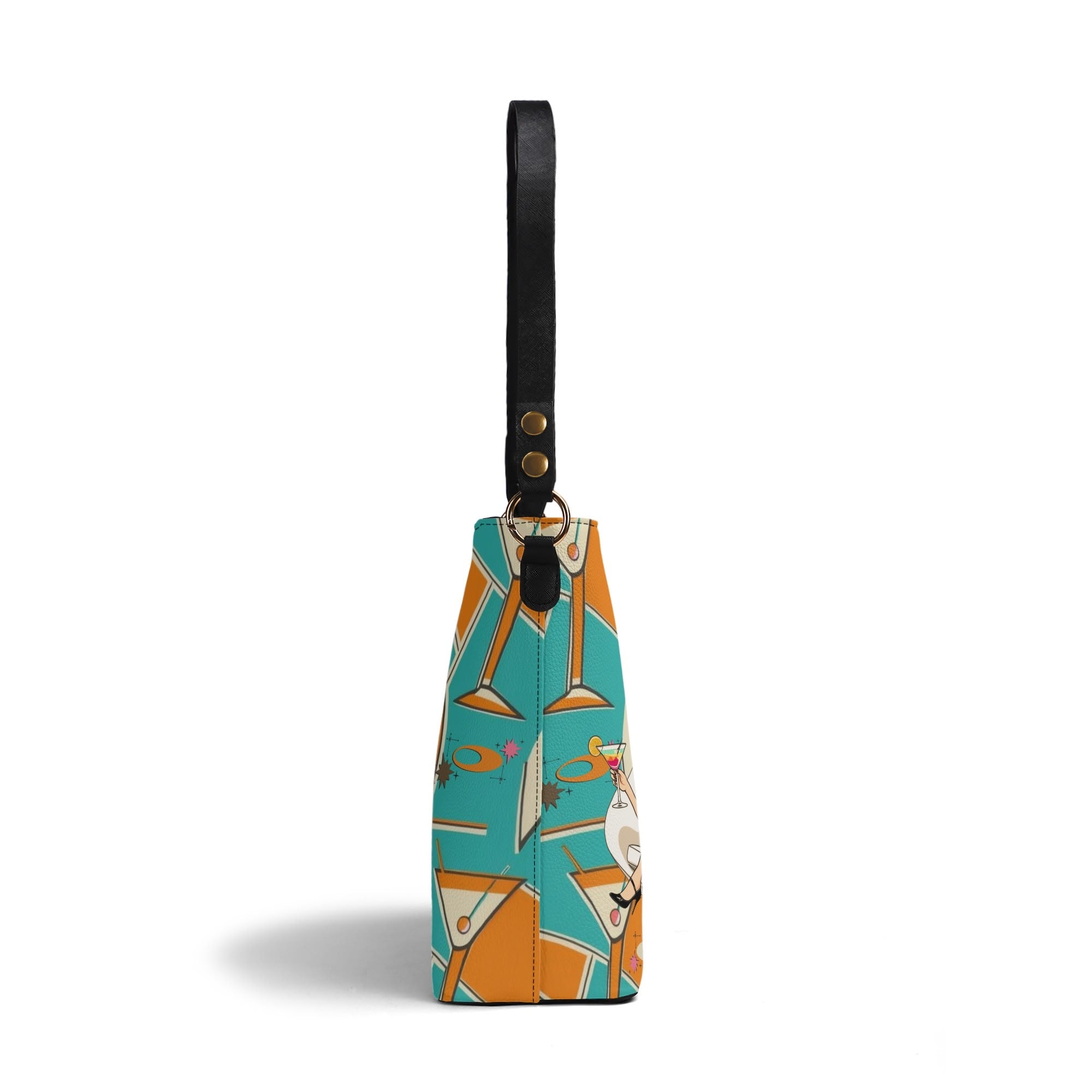 Atomic Cocktail Retro Mod Gal, Atomic Cat Kitschy Fun Bucket Bag - Mid Century Modern Gal