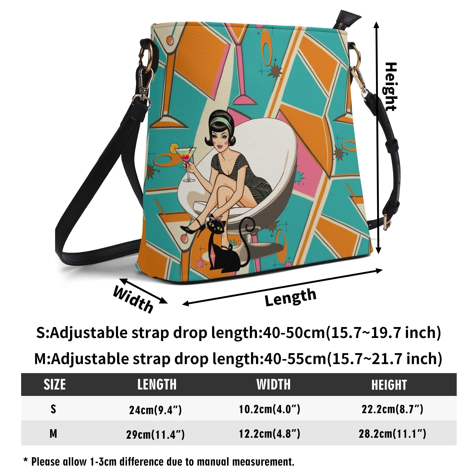 Atomic Cocktail Retro Mod Gal, Atomic Cat Kitschy Fun Bucket Bag - Mid Century Modern Gal