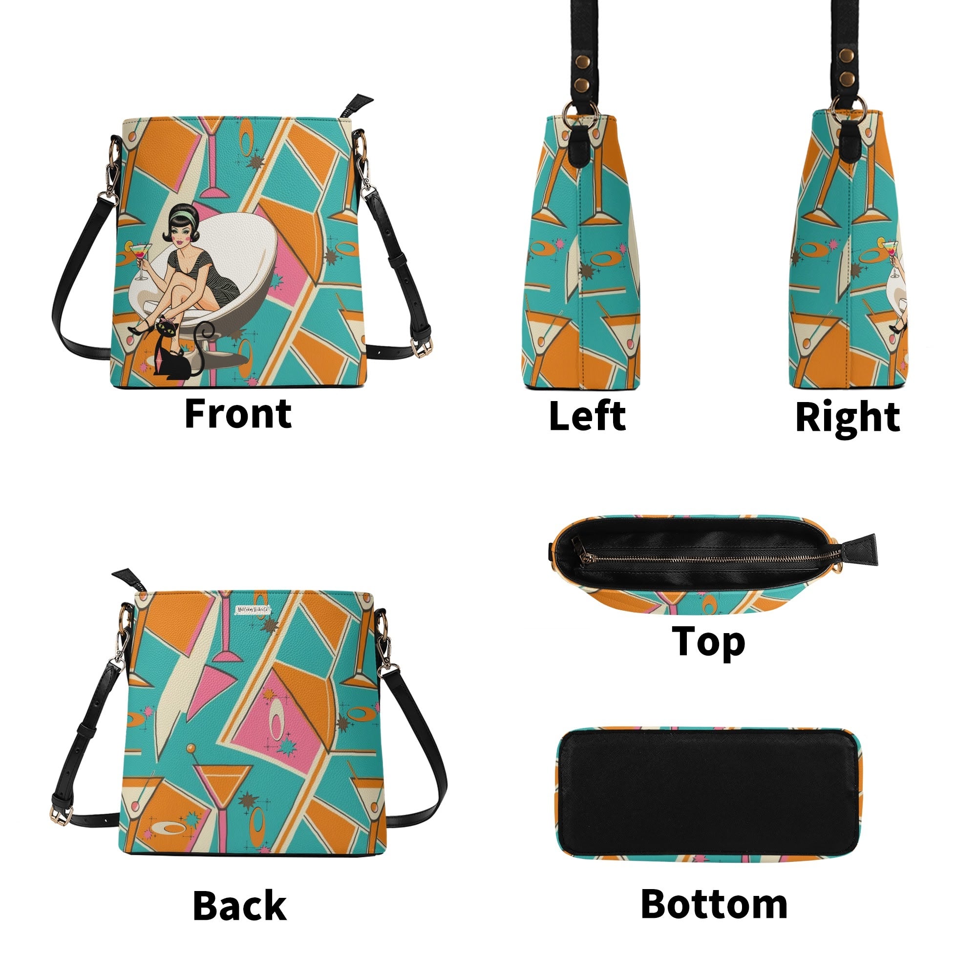 Atomic Cocktail Retro Mod Gal, Atomic Cat Kitschy Fun Bucket Bag - Mid Century Modern Gal
