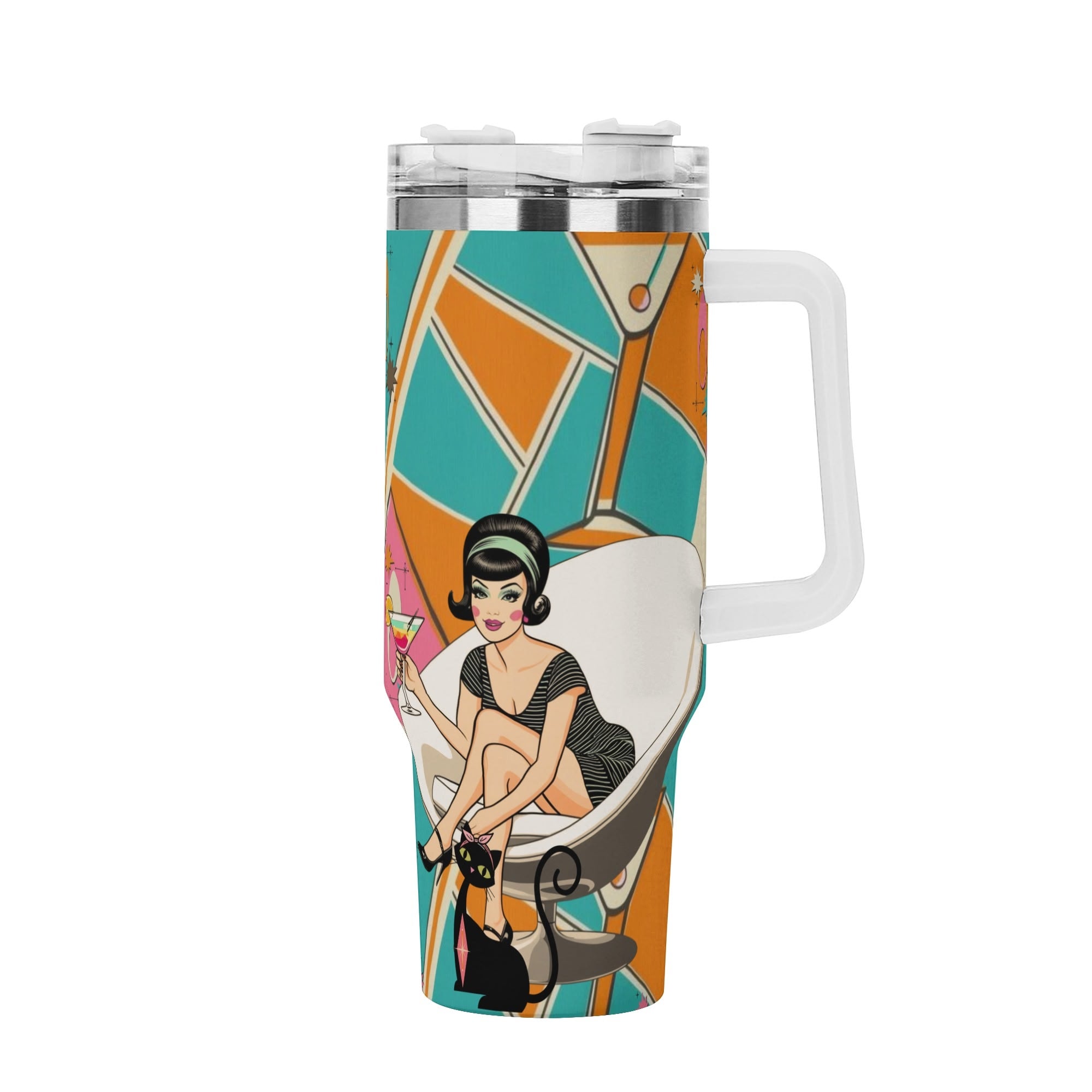 Mid Mod 60s Gal, Atomic Cat, Kitschy Retro Mid Century Modern Designed Stainless Steel Tumbler - Mid Century Modern Gal