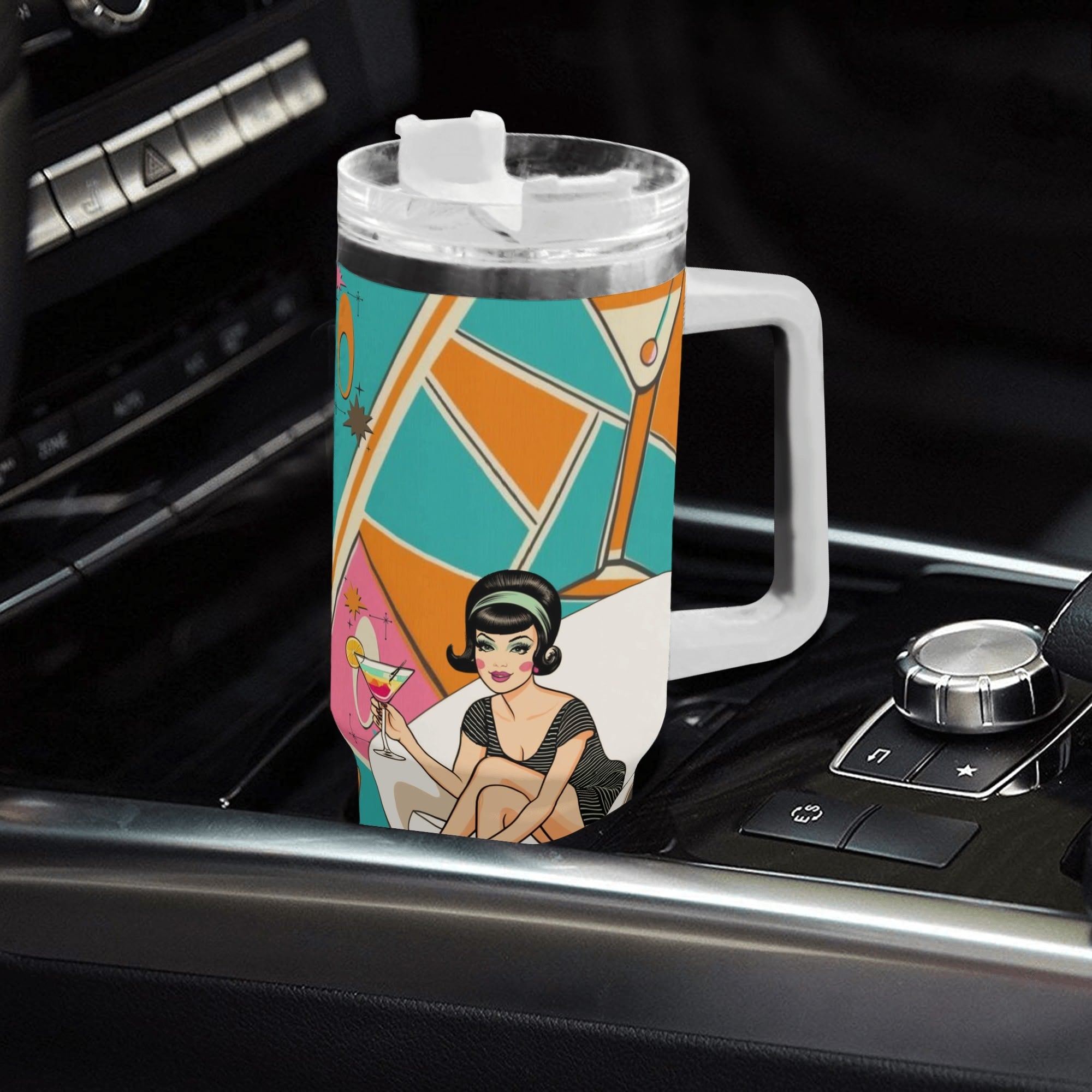 Mid Mod 60s Gal, Atomic Cat, Kitschy Retro Mid Century Modern Designed Stainless Steel Tumbler - Mid Century Modern Gal