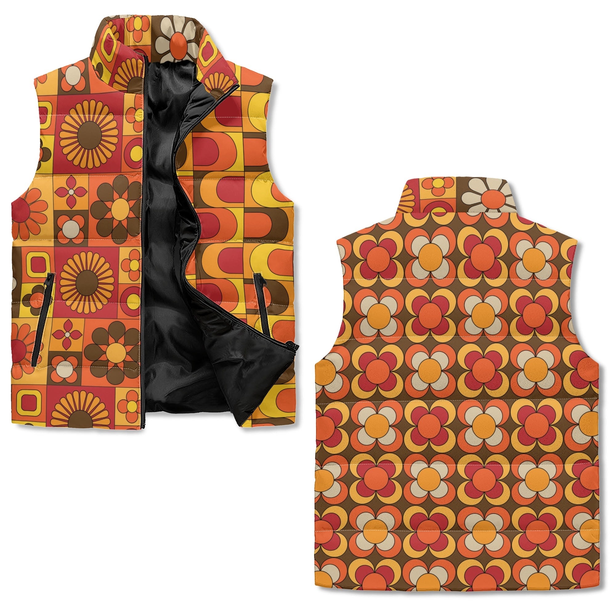 Mid Mod Retro 70s Groovy Patchwork Pattern, Flower Power Hip, Fun And Funky Puffer Vest - Mid Century Modern Gal