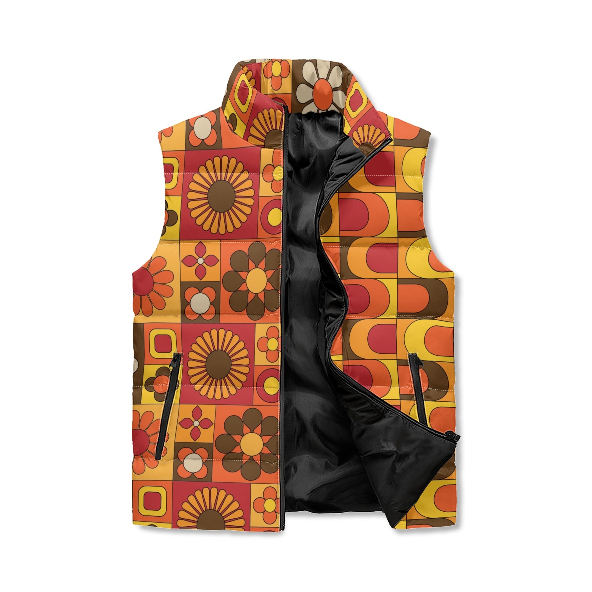 Mid Mod Retro 70s Groovy Patchwork Pattern, Flower Power Hip, Fun And Funky Puffer Vest - Mid Century Modern Gal