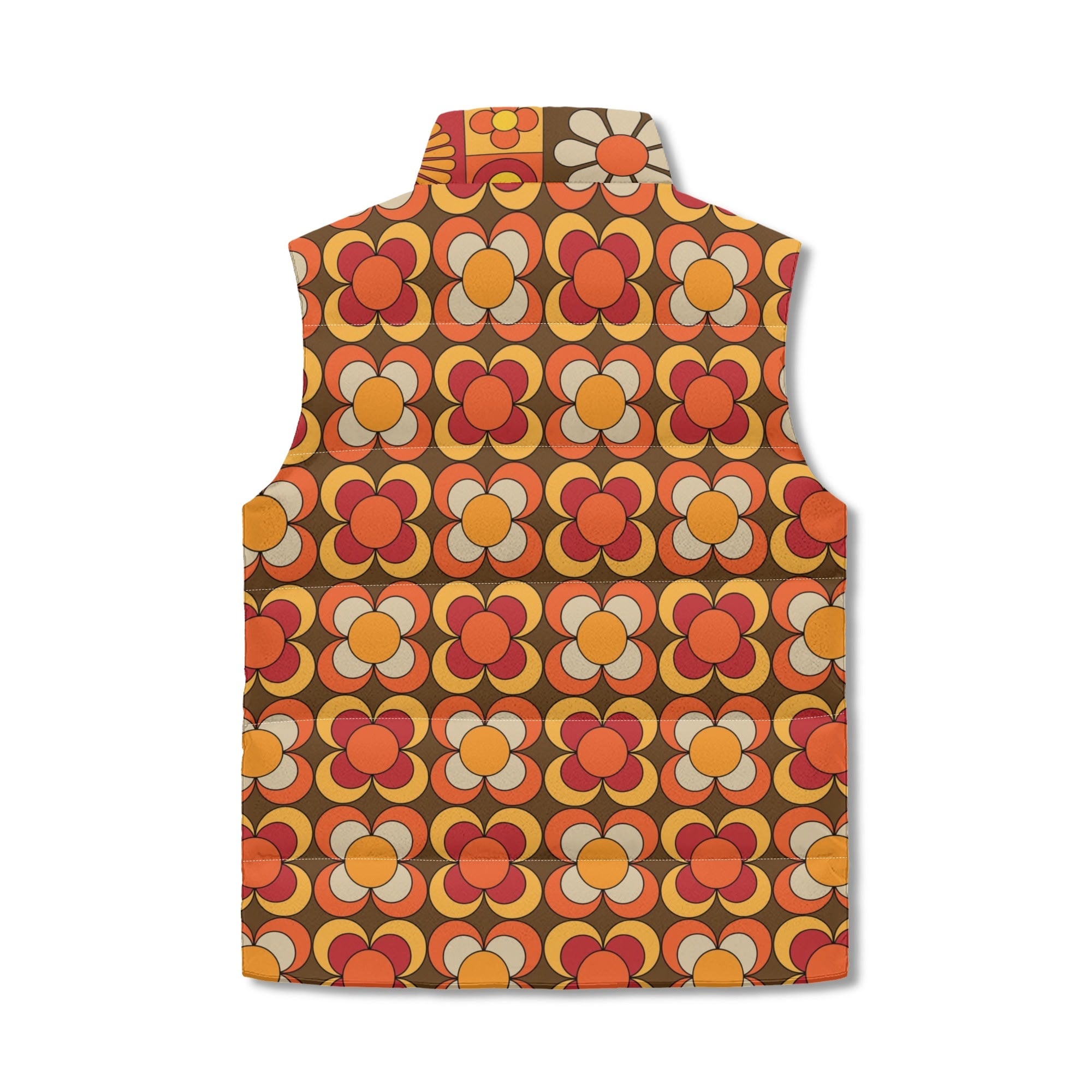 Mid Mod Retro 70s Groovy Patchwork Pattern, Flower Power Hip, Fun And Funky Puffer Vest - Mid Century Modern Gal