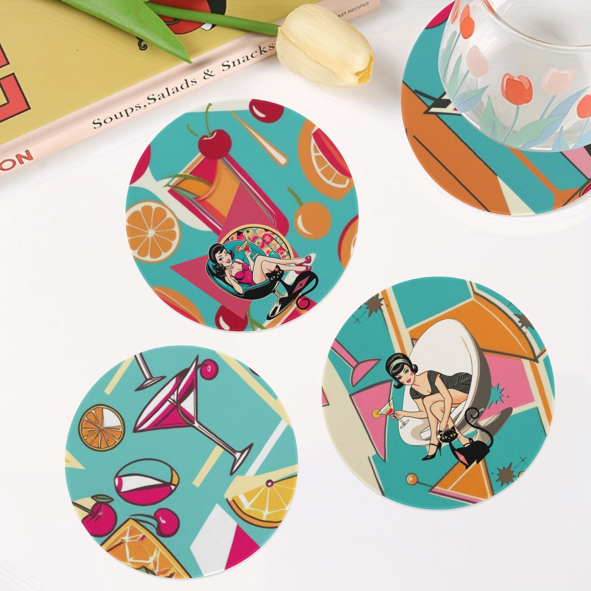 Kitschy Mod Mid Century Modern Barware Cocktail Ceramic Coaster Set - Mid Century Modern Gal