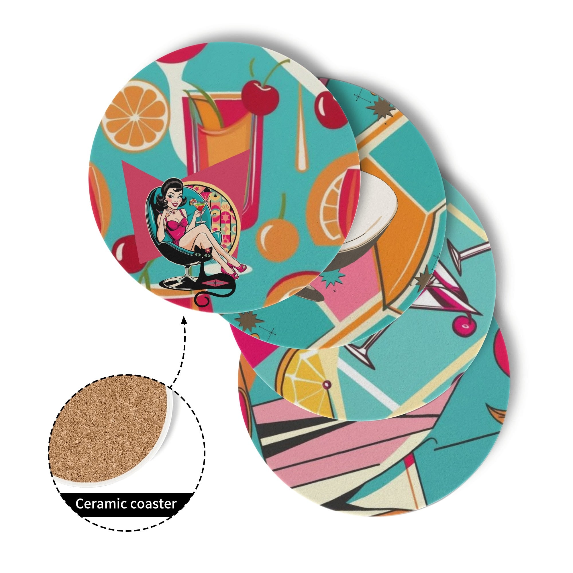 Kitschy Mod Mid Century Modern Barware Cocktail Ceramic Coaster Set - Mid Century Modern Gal