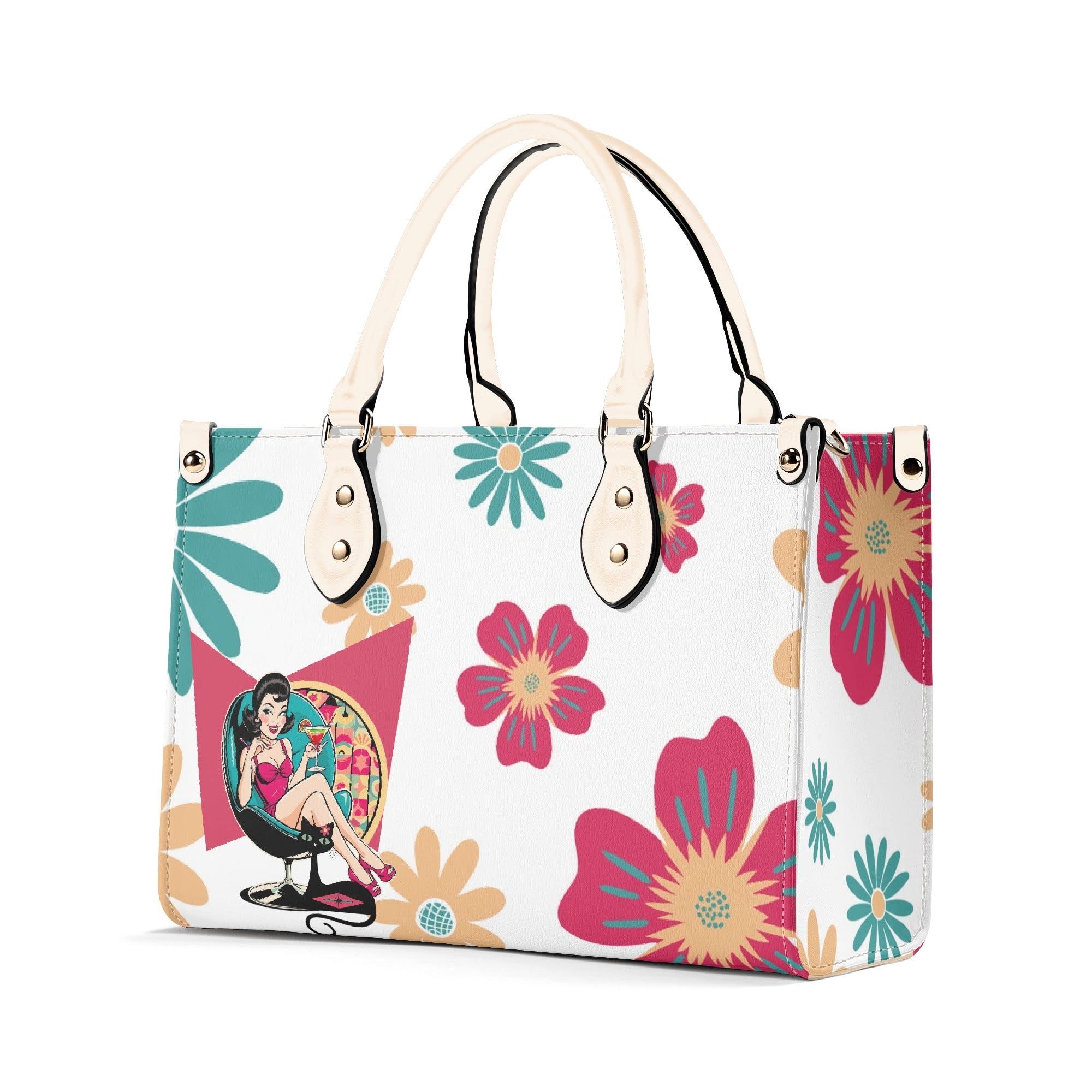 Mid Century Modern Gal Signature Atomic Cat, Floral Spring Summer Handbag, Shoulder Bag - Mid Century Modern Gal