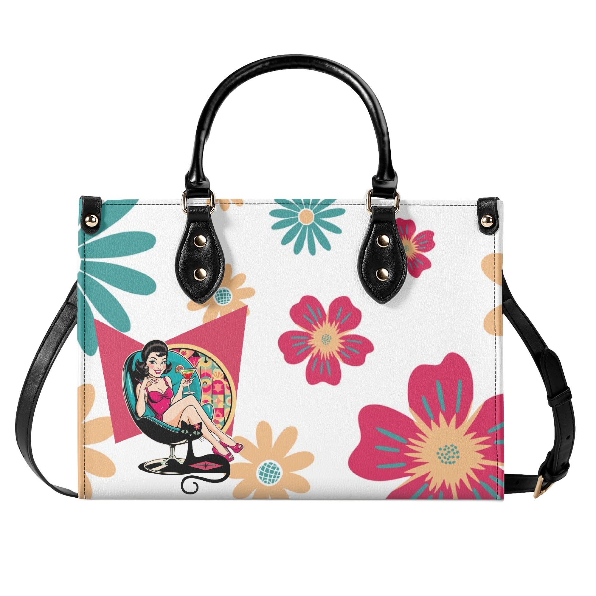 Mid Century Modern Gal Signature Atomic Cat, Floral Spring Summer Handbag, Shoulder Bag - Mid Century Modern Gal