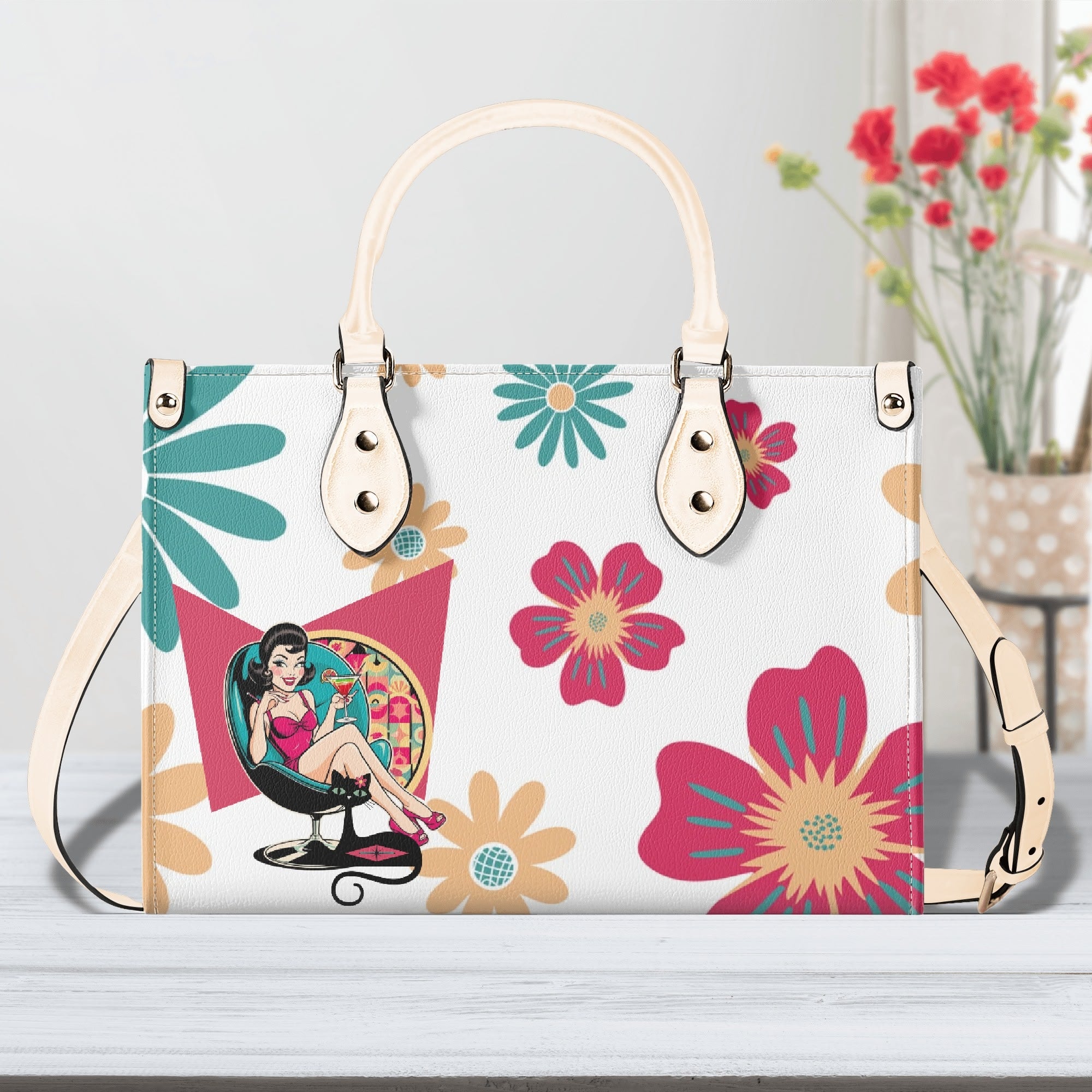 Mid Century Modern Gal Signature Atomic Cat, Floral Spring Summer Handbag, Shoulder Bag - Mid Century Modern Gal
