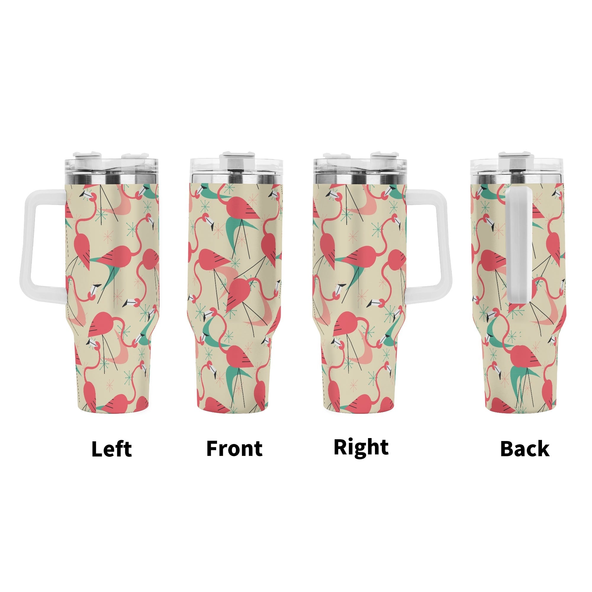 Dancing Retro Mod Kitschy Flamingos, Mid Mod 40oz Stainless Steel Tumbler Gift With White Handle and Straw - Mid Century Modern Gal