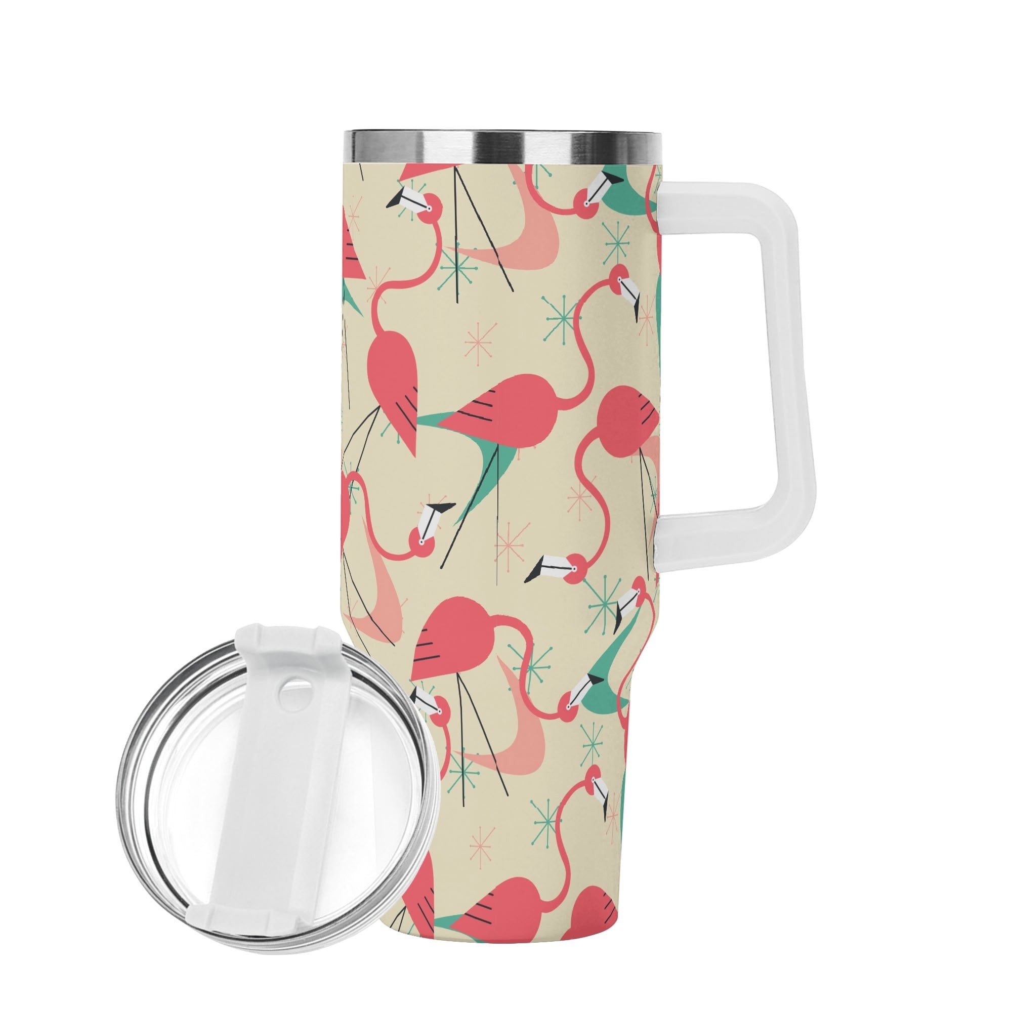 Dancing Retro Mod Kitschy Flamingos, Mid Mod 40oz Stainless Steel Tumbler Gift With White Handle and Straw - Mid Century Modern Gal