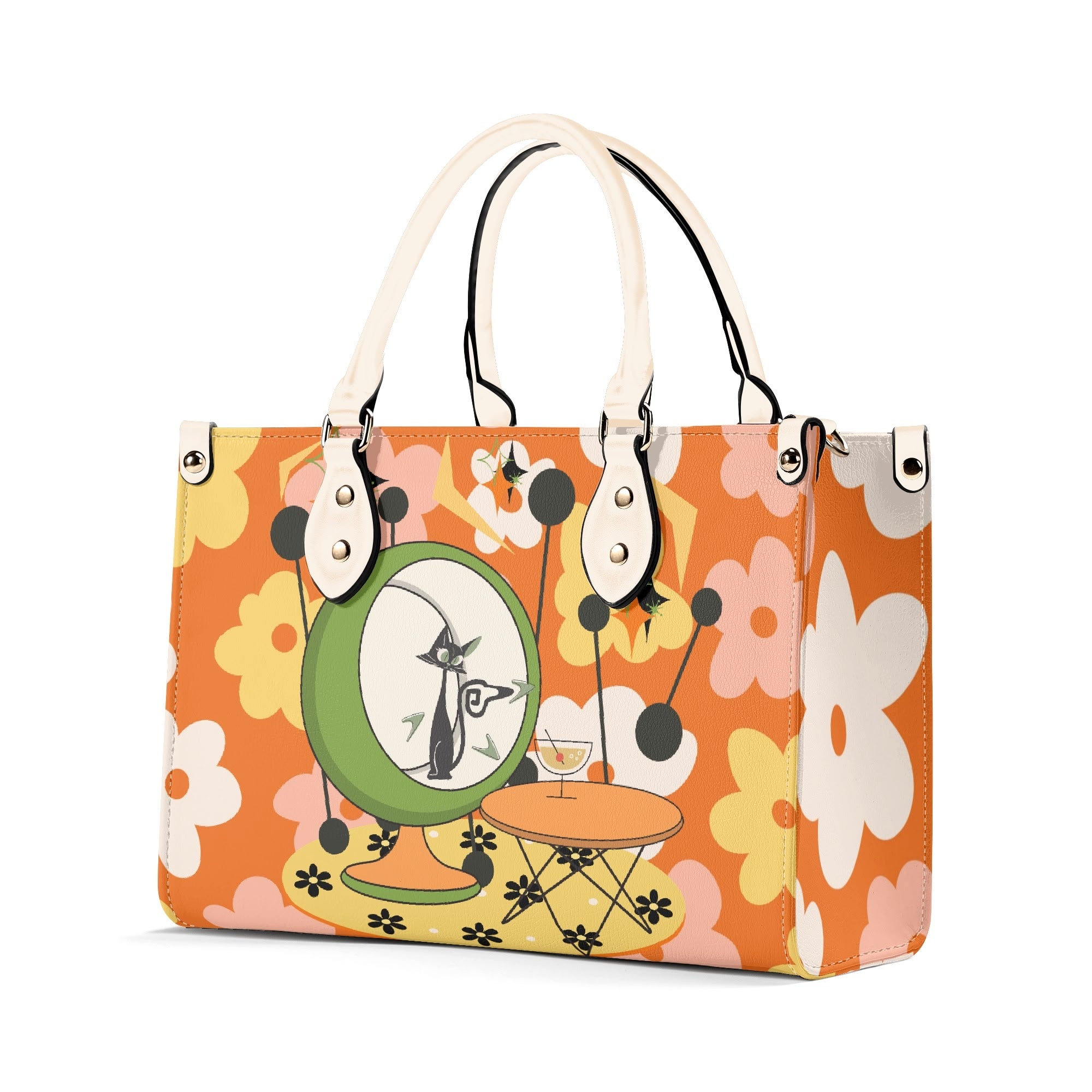 Mid Century Modern Gal Signature Atomic Cat, Retro Floral Summer Vibes Atomic Kitschy Handbag, Shoulder Bag - Mid Century Modern Gal