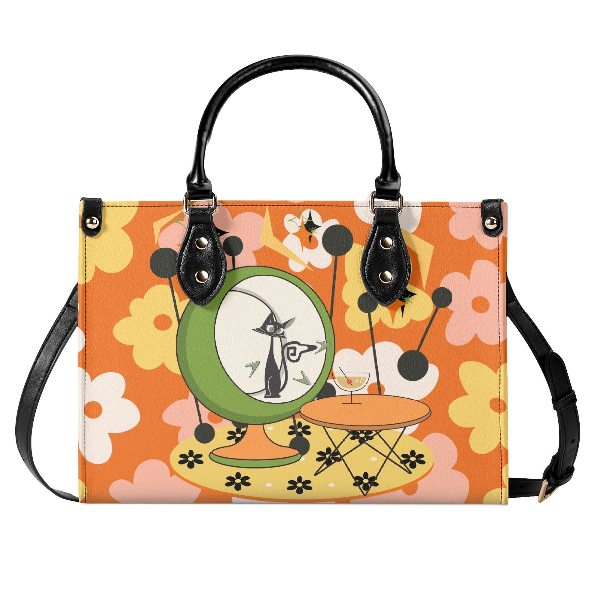 Mid Century Modern Gal Signature Atomic Cat, Retro Floral Summer Vibes Atomic Kitschy Handbag, Shoulder Bag - Mid Century Modern Gal