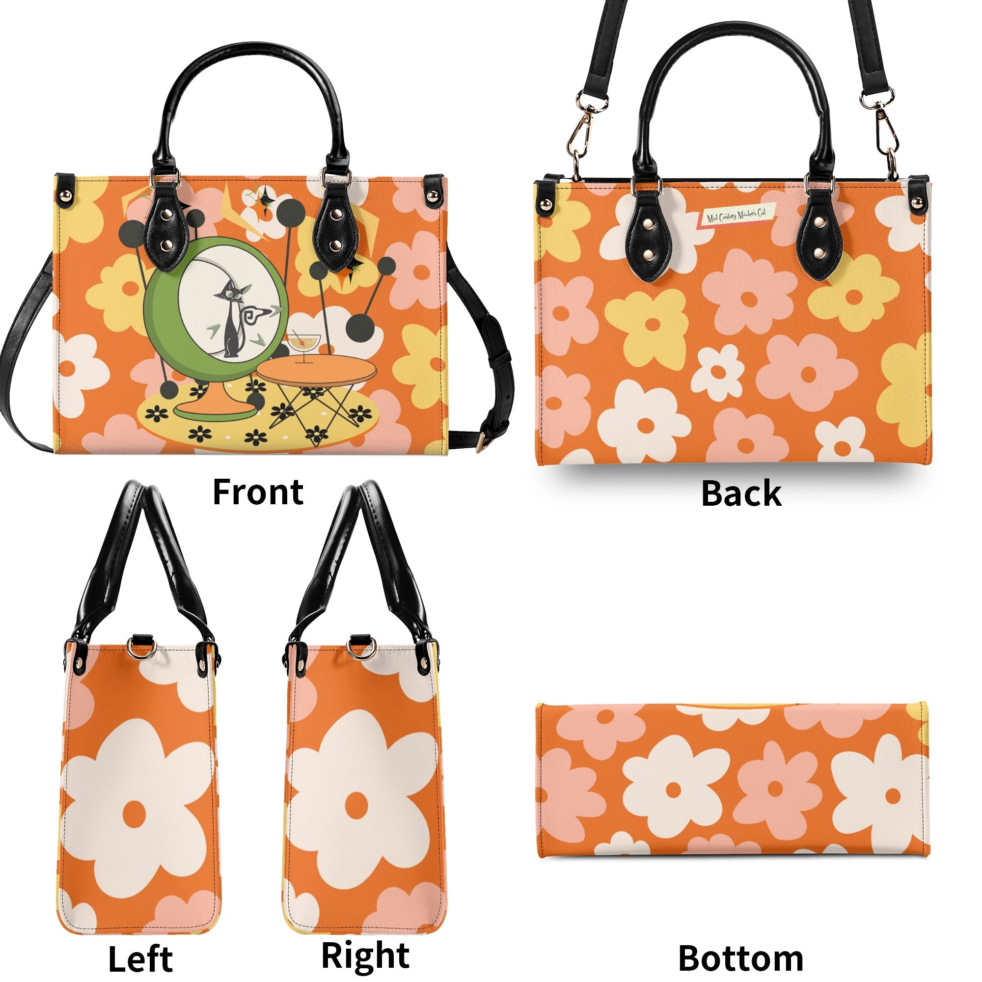 Mid Century Modern Gal Signature Atomic Cat, Retro Floral Summer Vibes Atomic Kitschy Handbag, Shoulder Bag - Mid Century Modern Gal