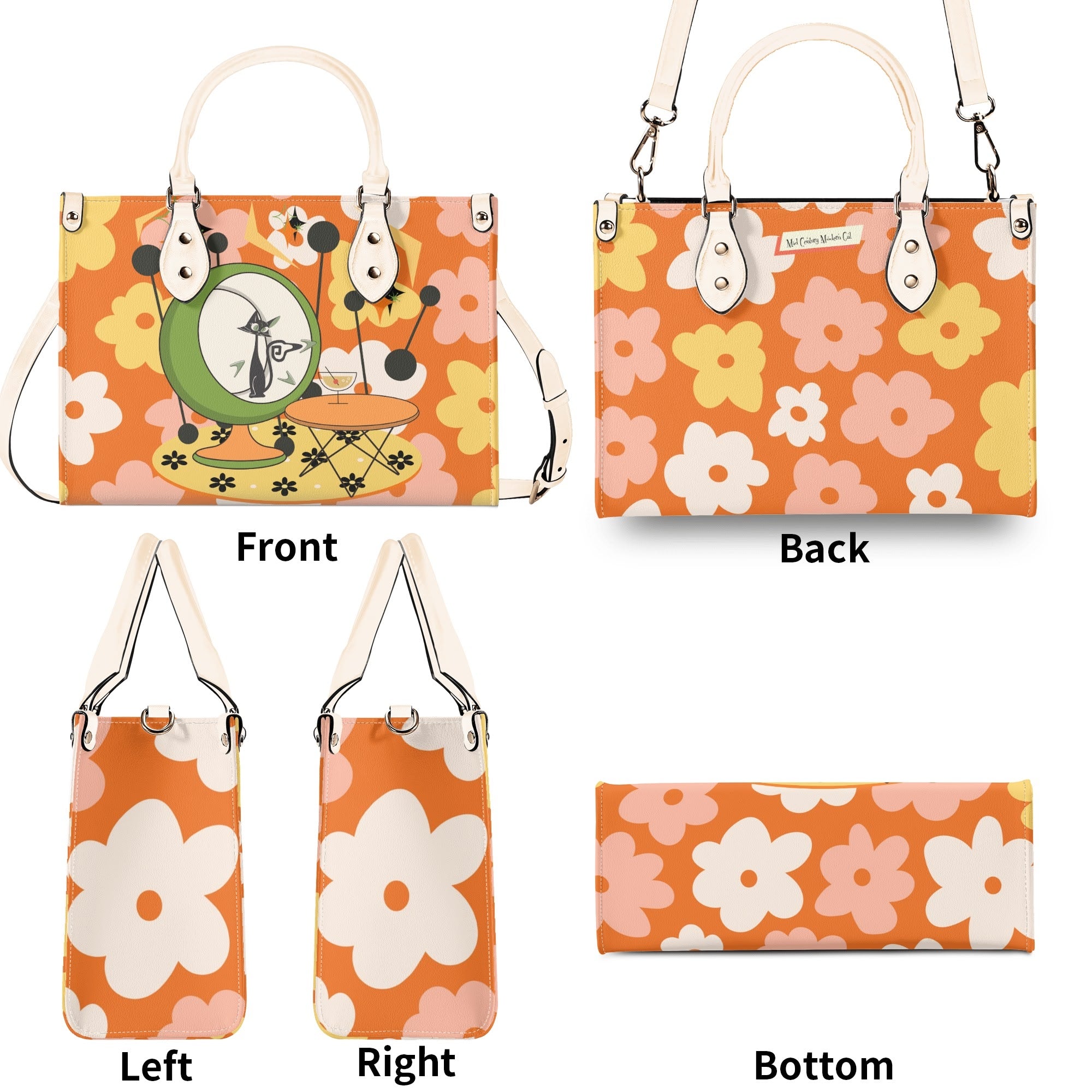 Mid Century Modern Gal Signature Atomic Cat, Retro Floral Summer Vibes Atomic Kitschy Handbag, Shoulder Bag - Mid Century Modern Gal