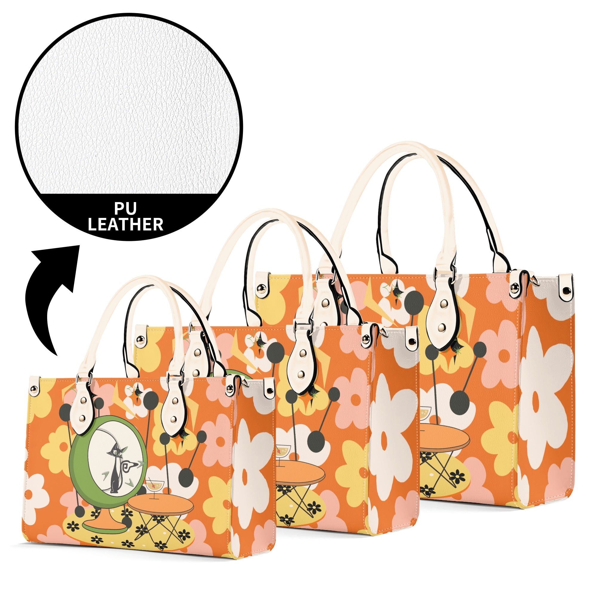 Mid Century Modern Gal Signature Atomic Cat, Retro Floral Summer Vibes Atomic Kitschy Handbag, Shoulder Bag - Mid Century Modern Gal