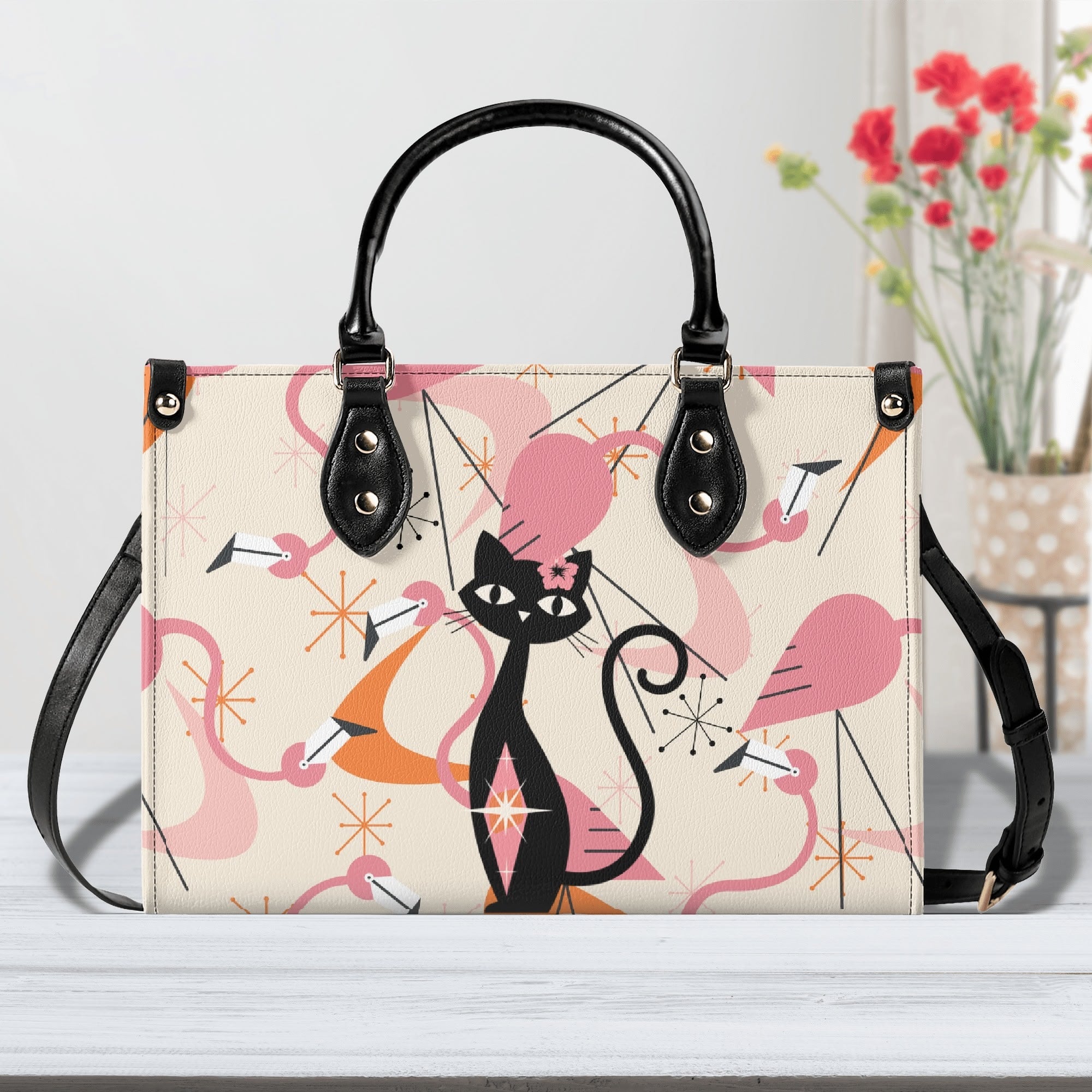 Retro Flamingos, Kitschy Atomic Cat, Mid Century Modern Gal Signature Handbags, Atomic Kitschy Handbag, Shoulder Bag - Mid Century Modern Gal