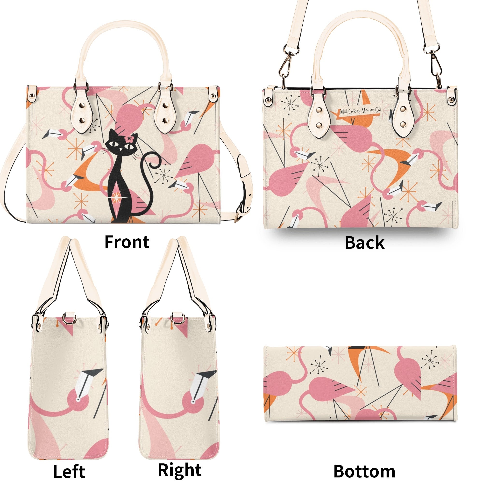Retro Flamingos, Kitschy Atomic Cat, Mid Century Modern Gal Signature Handbags, Atomic Kitschy Handbag, Shoulder Bag - Mid Century Modern Gal