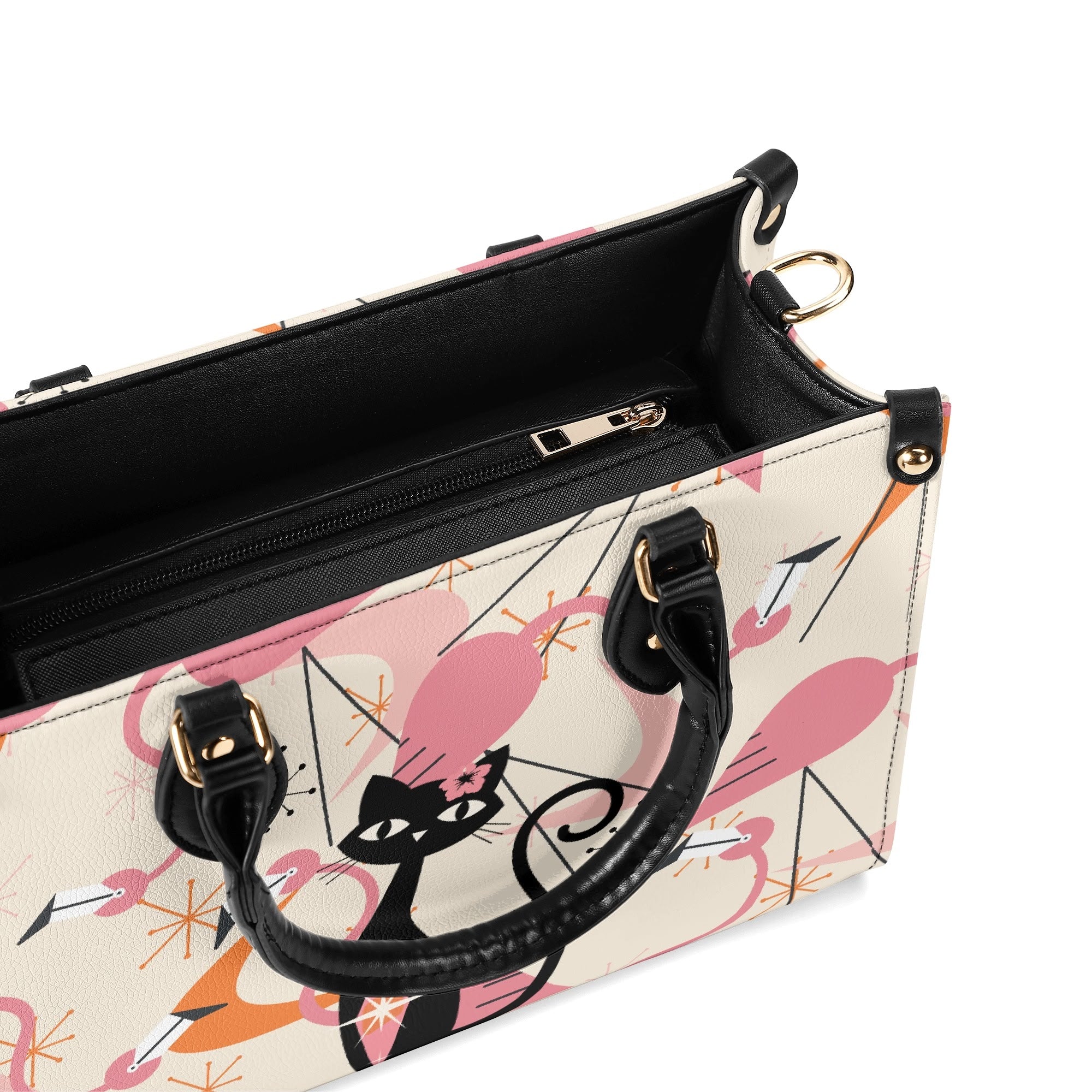 Retro Flamingos, Kitschy Atomic Cat, Mid Century Modern Gal Signature Handbags, Atomic Kitschy Handbag, Shoulder Bag - Mid Century Modern Gal