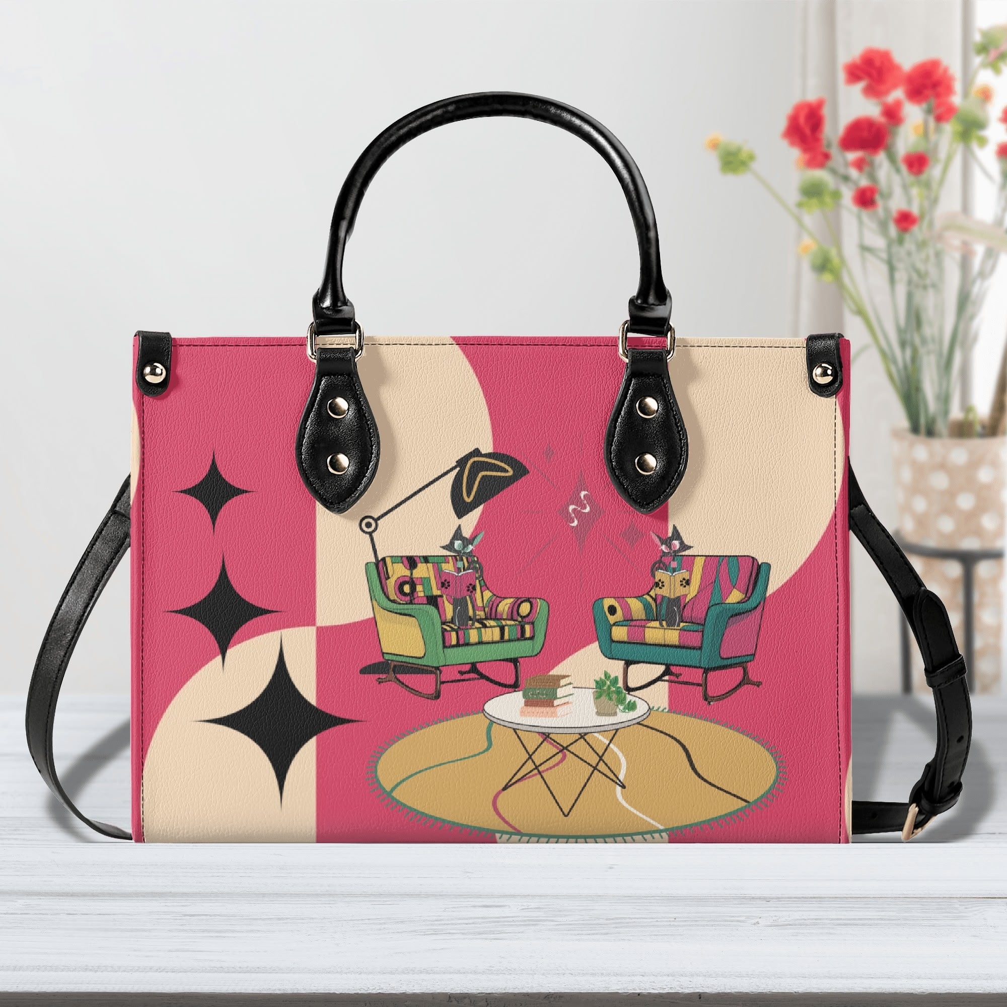 Mid Century Modern Gal Book Lover, Book Club Gal Signature Atomic Cat, Atomic Kitschy Handbag, Shoulder Bag - Mid Century Modern Gal