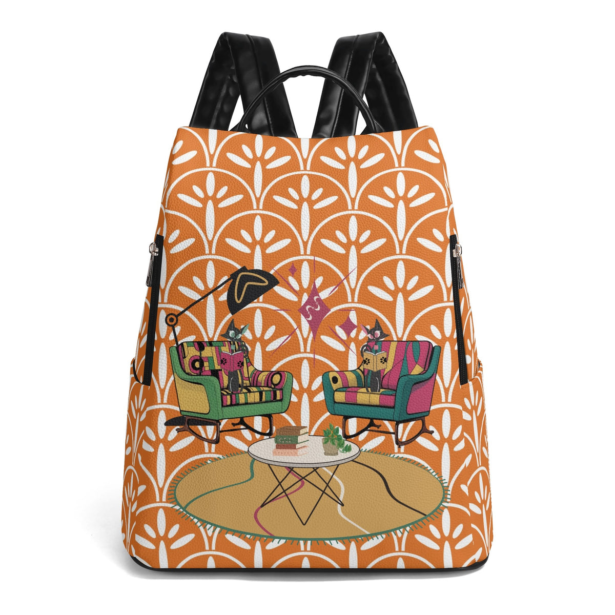 Mid Century Atomic Cat, Book Lover, Book Club Gal, Scandinavian Design, Mid Mod Travel Daypack Anti-theft Backpack - Mid Century Modern Gal
