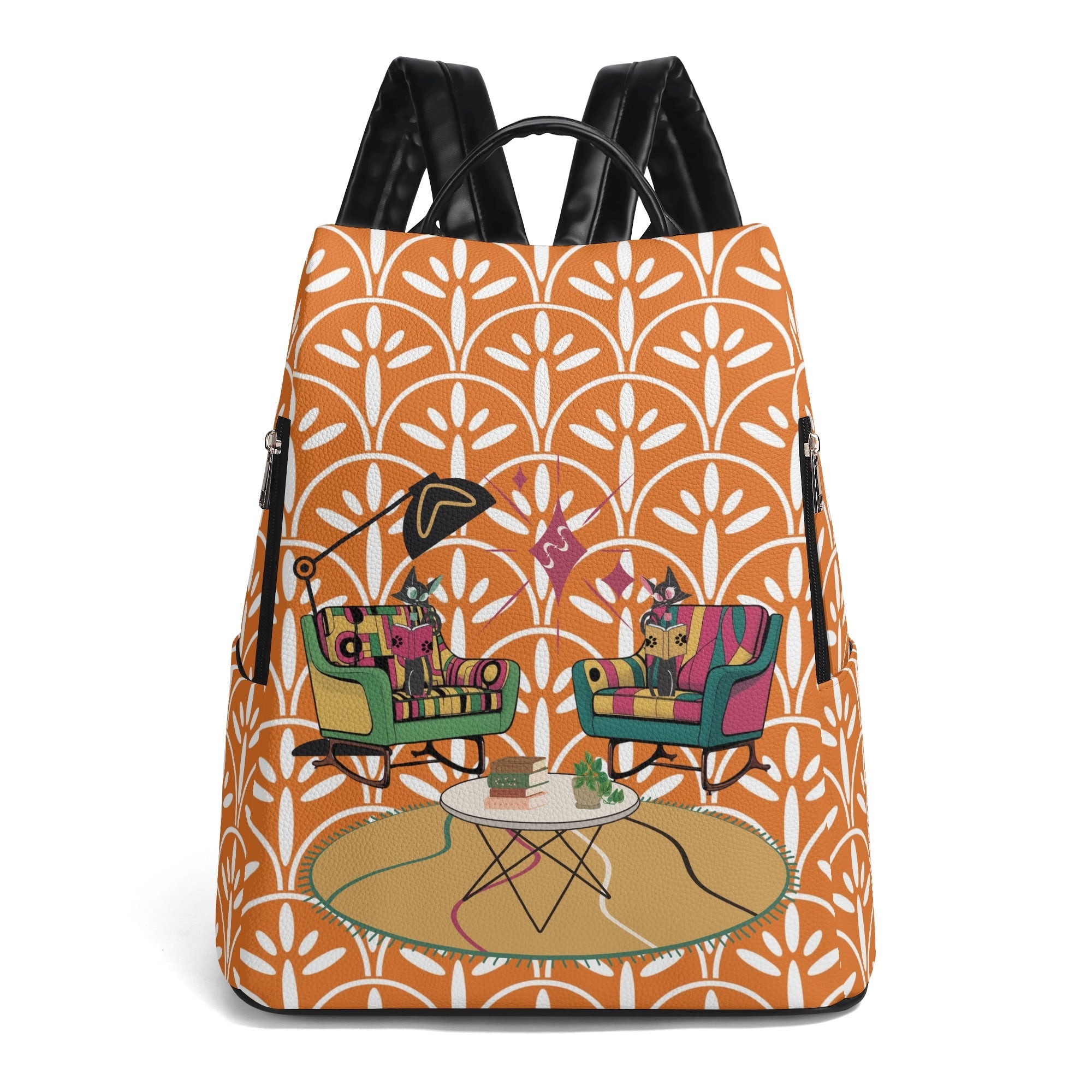 Mid Century Atomic Cat, Book Lover, Book Club Gal, Scandinavian Design, Mid Mod Travel Daypack Anti-theft Backpack - Mid Century Modern Gal