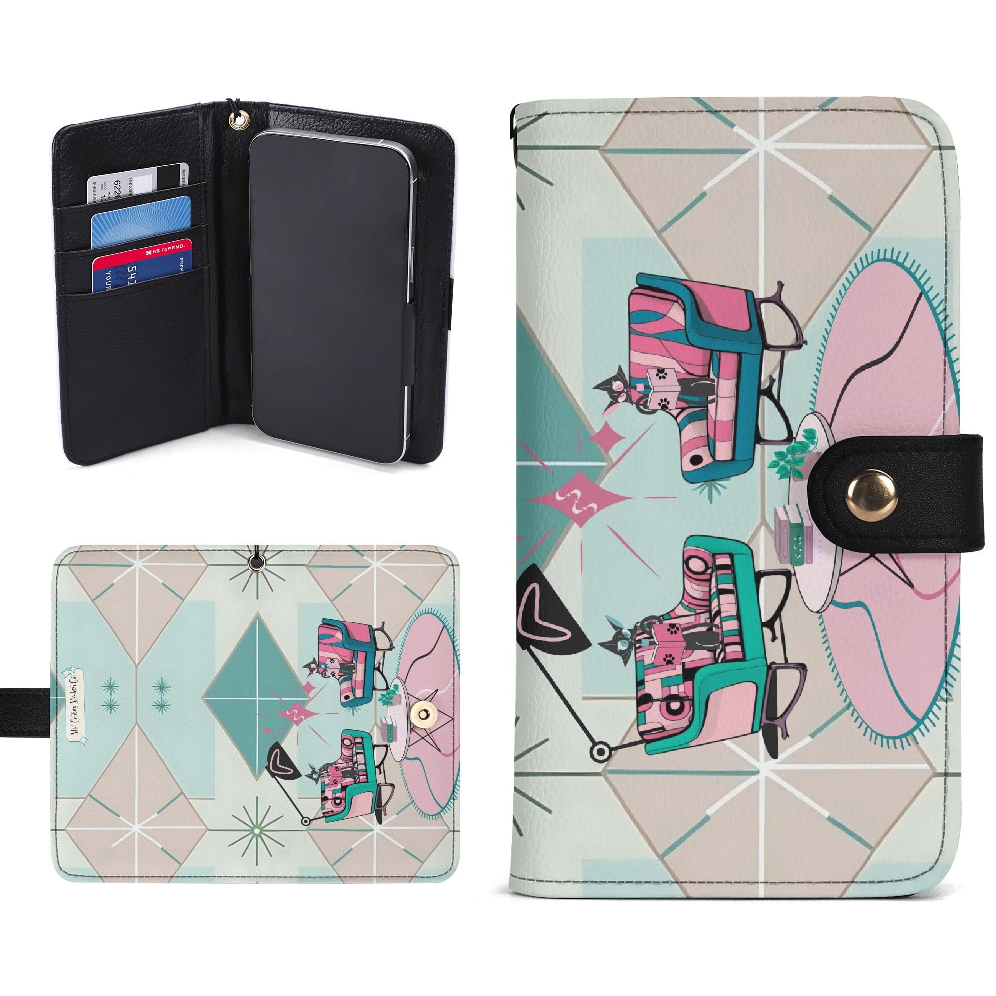 Atomic Cat Mid Mod Starburst Retro Kitschy Flip Phone Case Book Lover, Cat Gifts - Mid Century Modern Gal