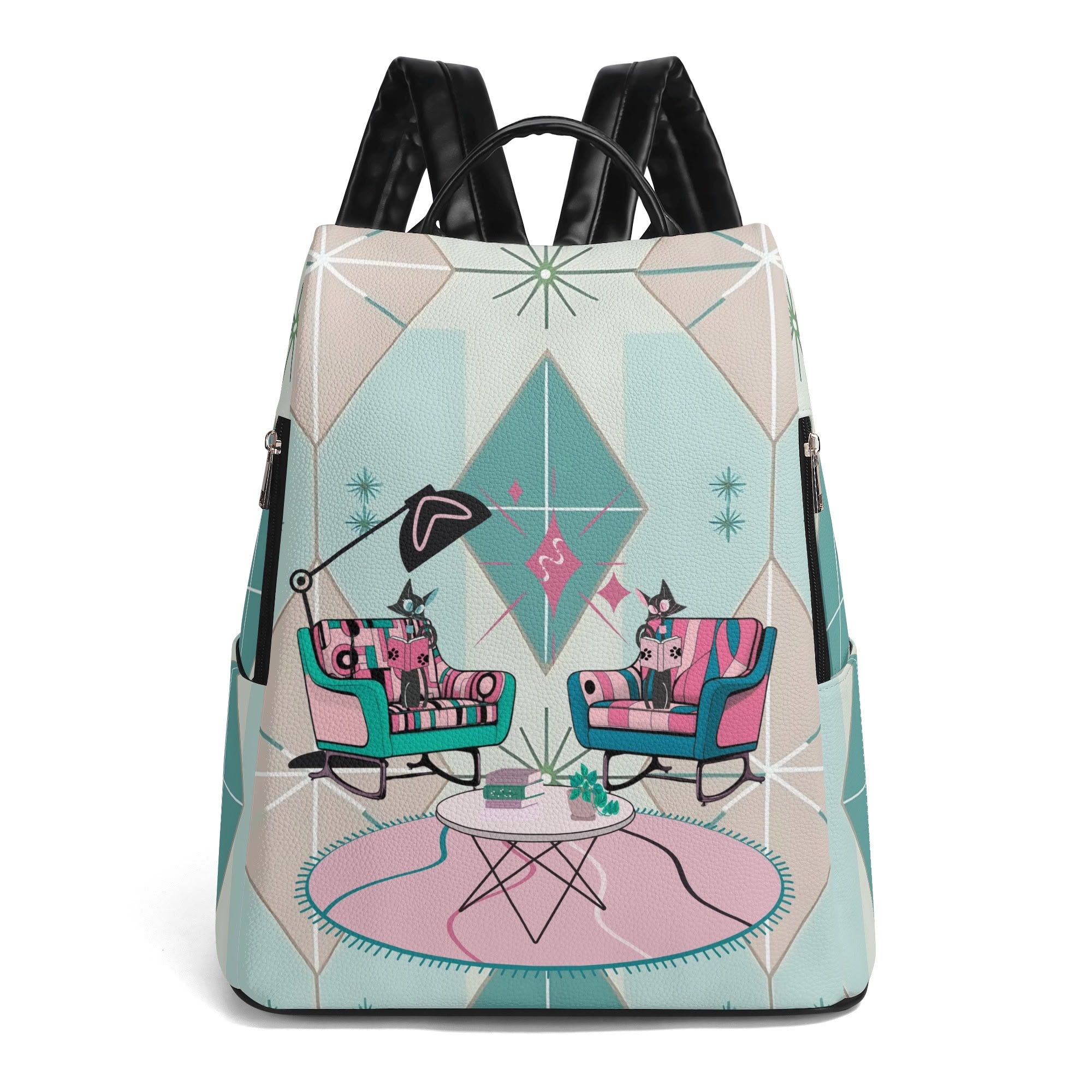 Atomic Kitschy Cat Sputnik Designed, Book Lover, Book Club Gift, Retro Mod Travel Backpack - Mid Century Modern Gal