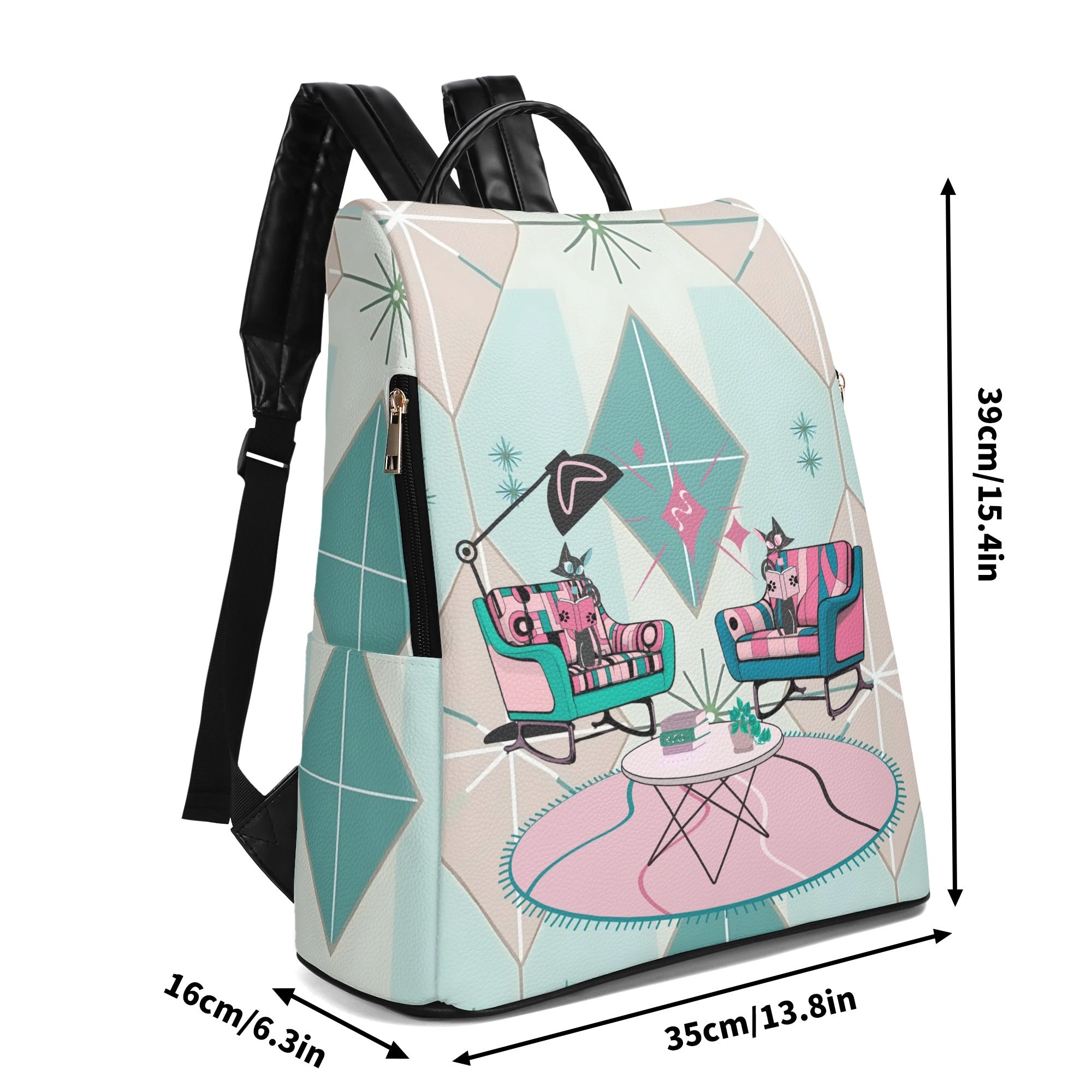 Atomic Kitschy Cat Sputnik Designed, Book Lover, Book Club Gift, Retro Mod Travel Backpack - Mid Century Modern Gal
