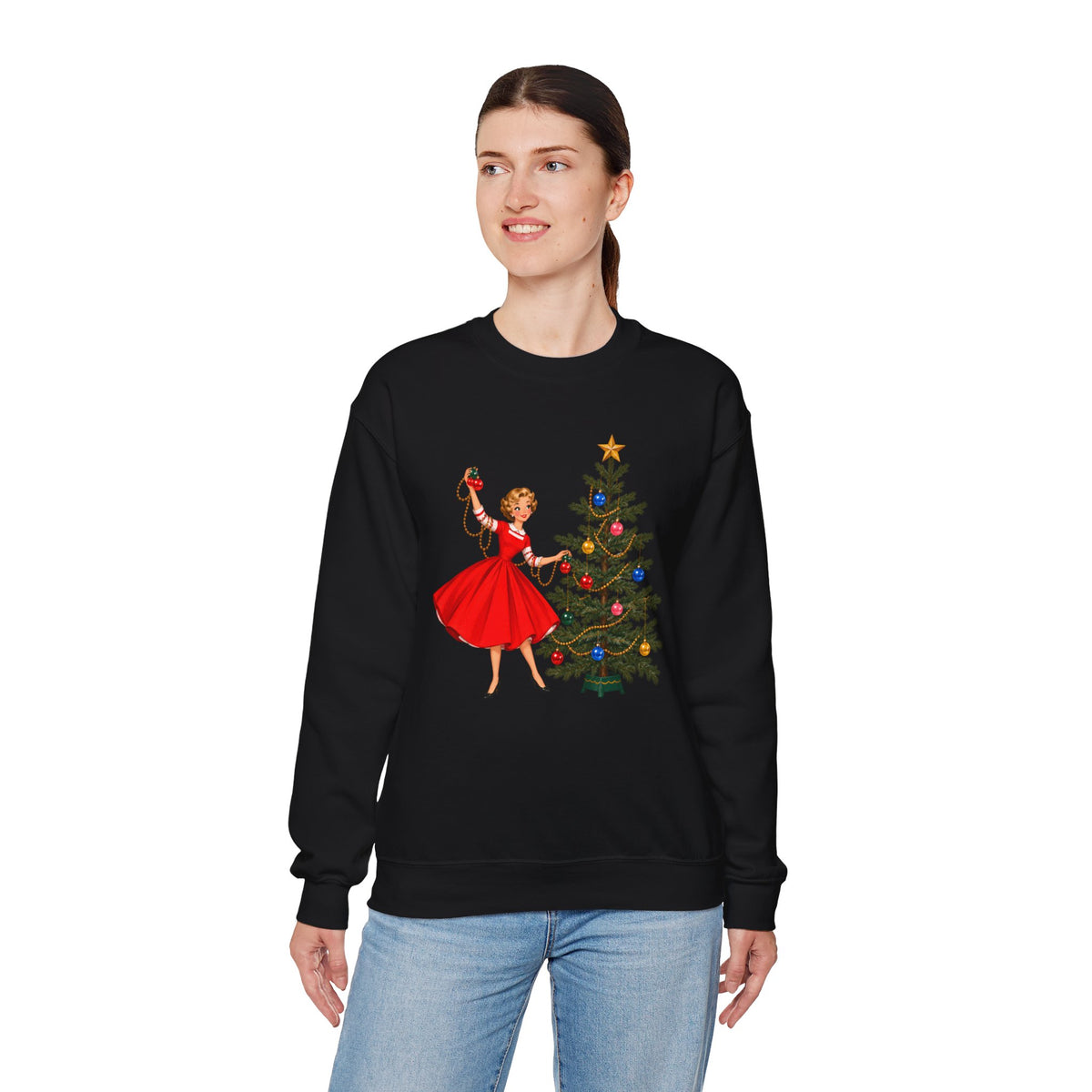 Mid Century Modern Gal Decorating Christmas Tree Unisex Heavy Blend™ Crewneck Sweatshirt - Mid Century Modern Gal