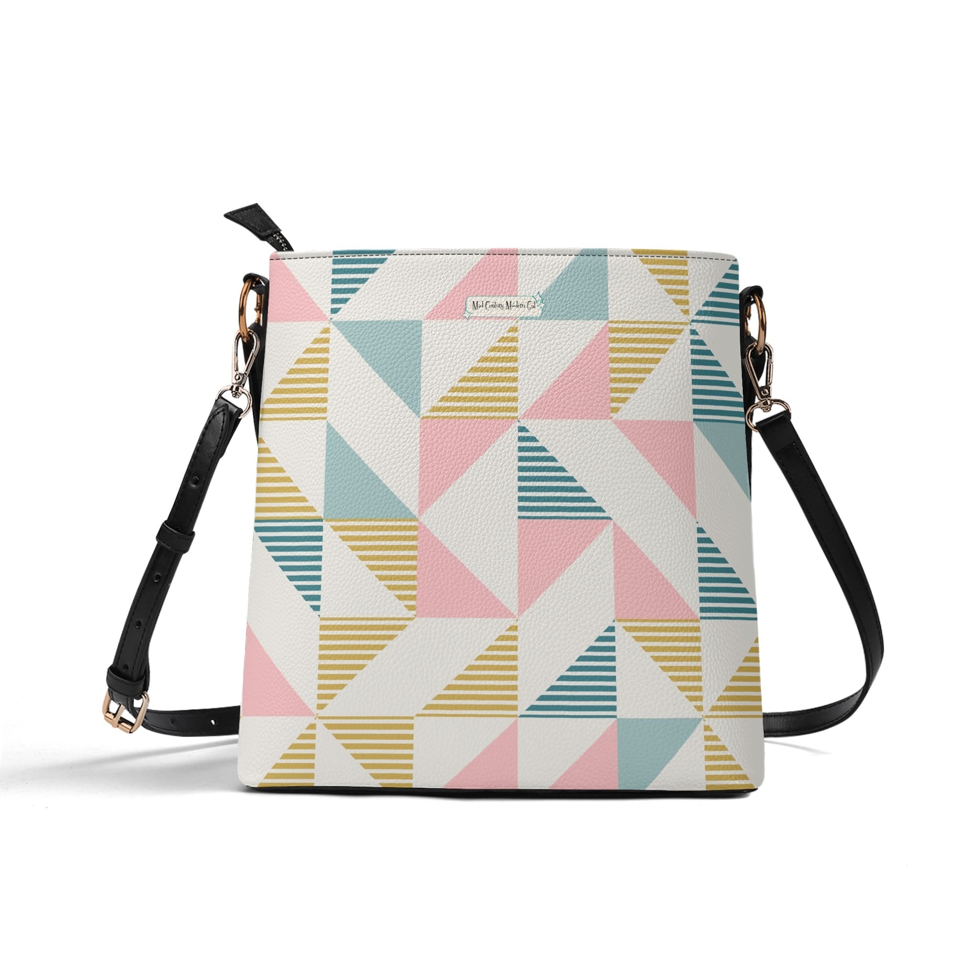 Atomic Cat Bucket Shoulder Bag, Atomic 50s Fashion Bag, Pink, Teal Blue Reversible Design By MCM Gal, Mid Century Mod Kitschy Trendy Purse - Mid Century Modern Gal