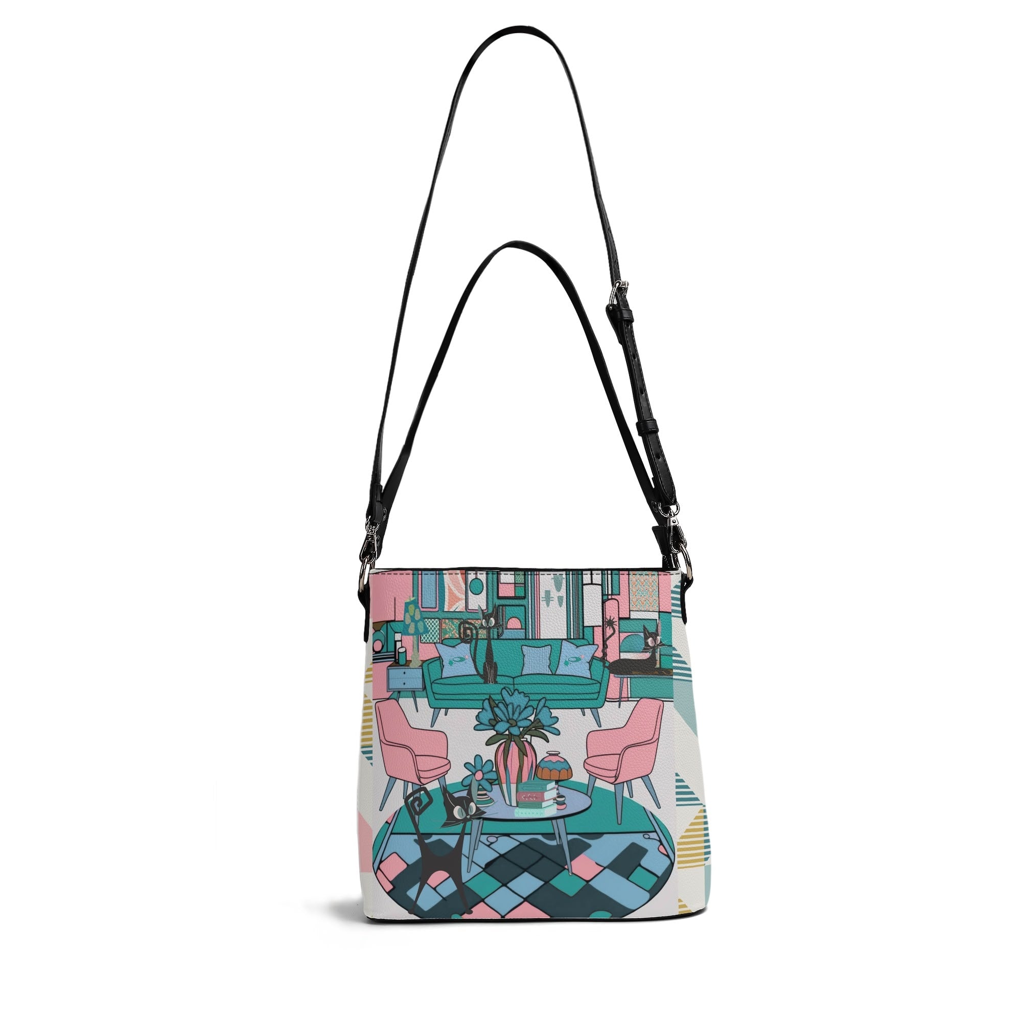 Atomic Cat Bucket Shoulder Bag, Atomic 50s Fashion Bag, Pink, Teal Blue Reversible Design By MCM Gal, Mid Century Mod Kitschy Trendy Purse - Mid Century Modern Gal