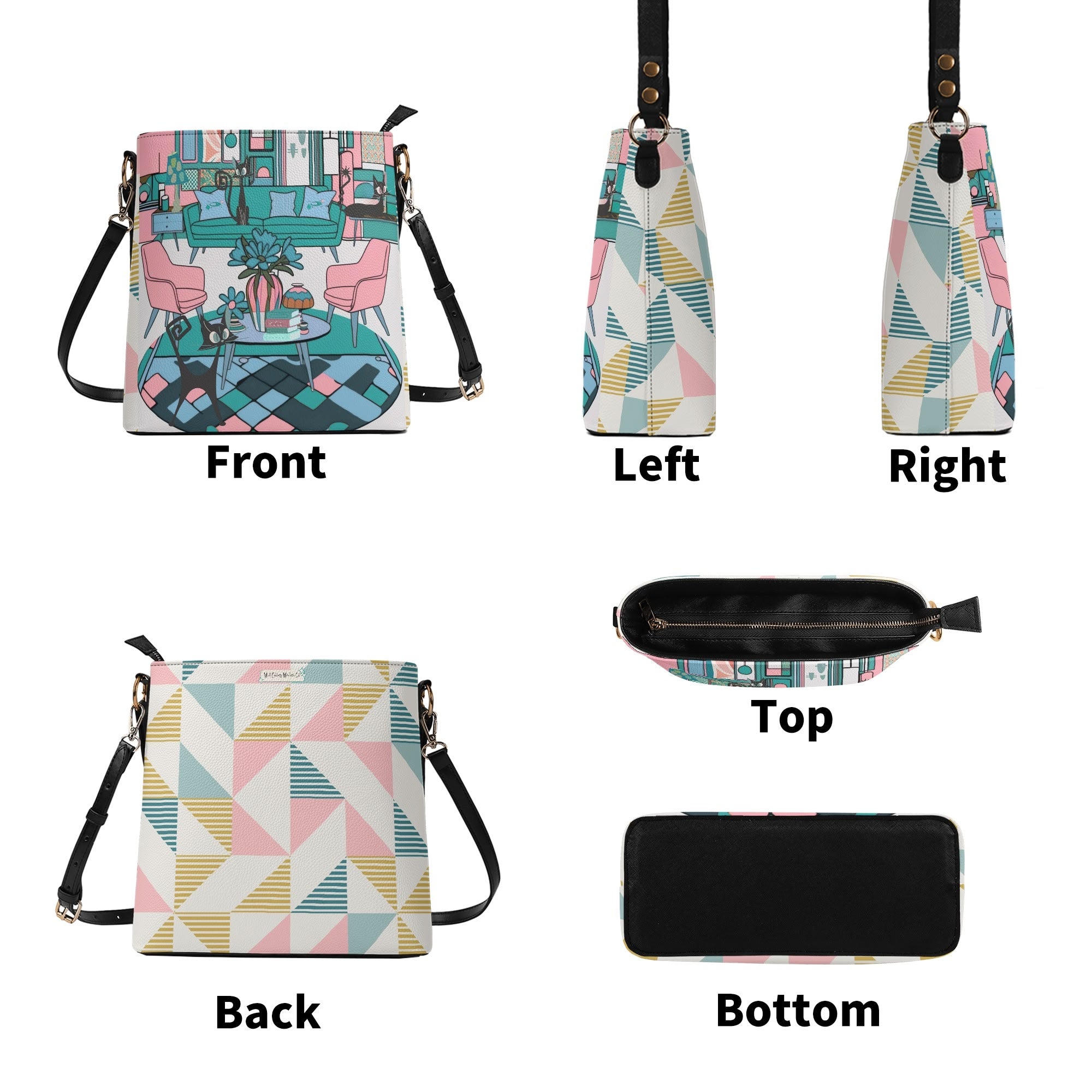 Atomic Cat Bucket Shoulder Bag, Atomic 50s Fashion Bag, Pink, Teal Blue Reversible Design By MCM Gal, Mid Century Mod Kitschy Trendy Purse - Mid Century Modern Gal