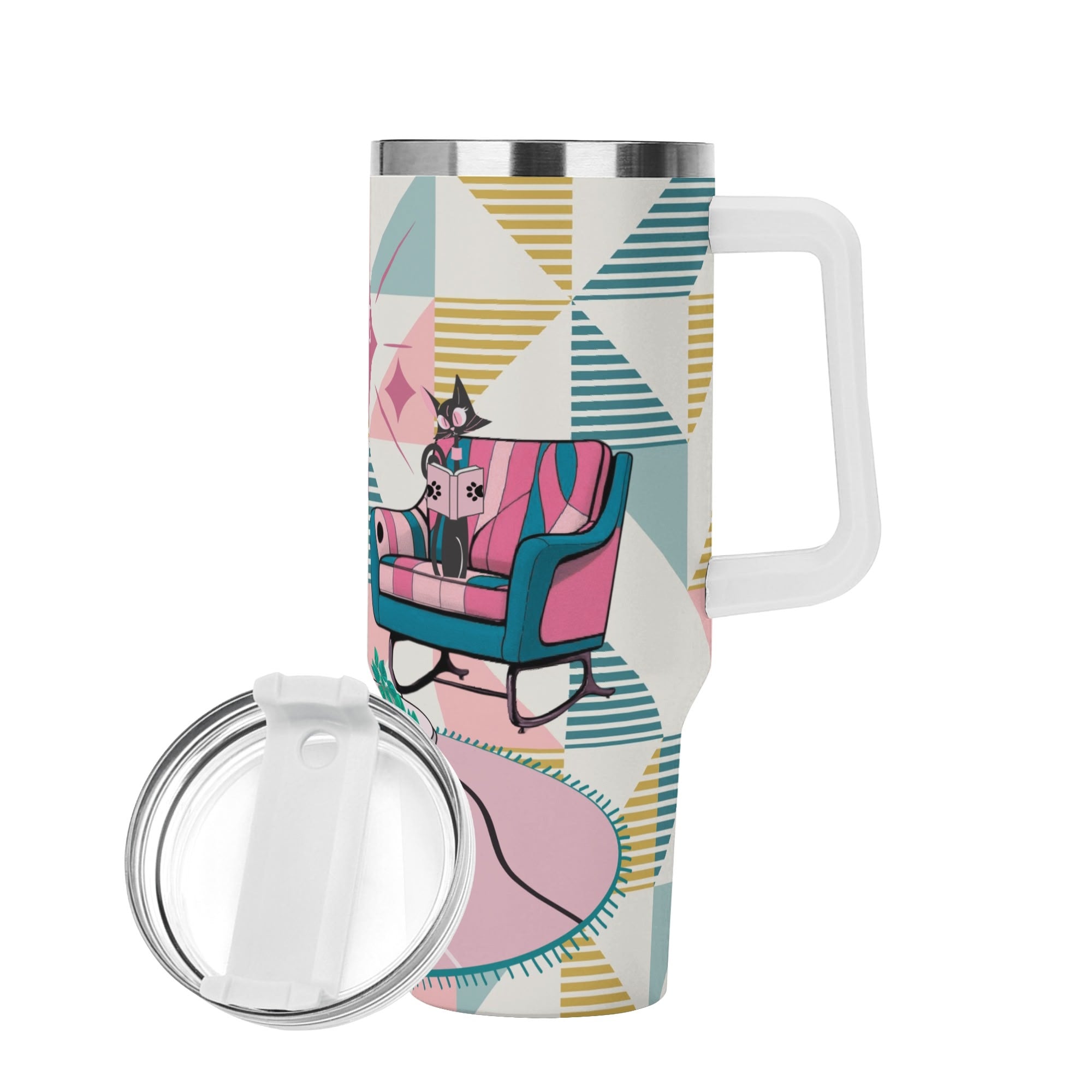 Reading Cats, Atomic Mid Mod Pink Kitschy Cute Quirky Book Lover, Book Club Gift Tumbler - Mid Century Modern Gal