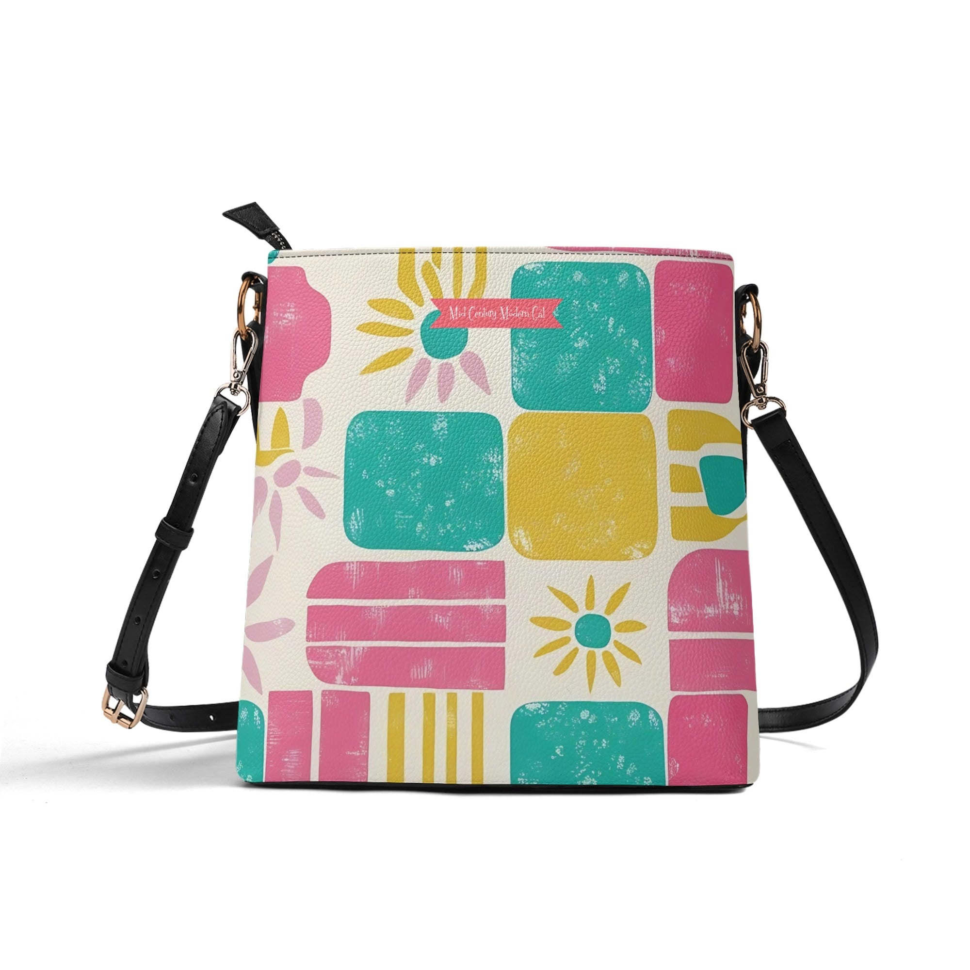Atomic Cat Bucket, Kitschy Mod Flamingos, Palm Springs Hotel Shoulder Bag, Atomic 50s Fashion Bag, Pink, Aqua, Yellow Reversible Design By MCM Gal, Mid Century Mod Kitschy Trendy Purse - Mid Century Modern Gal