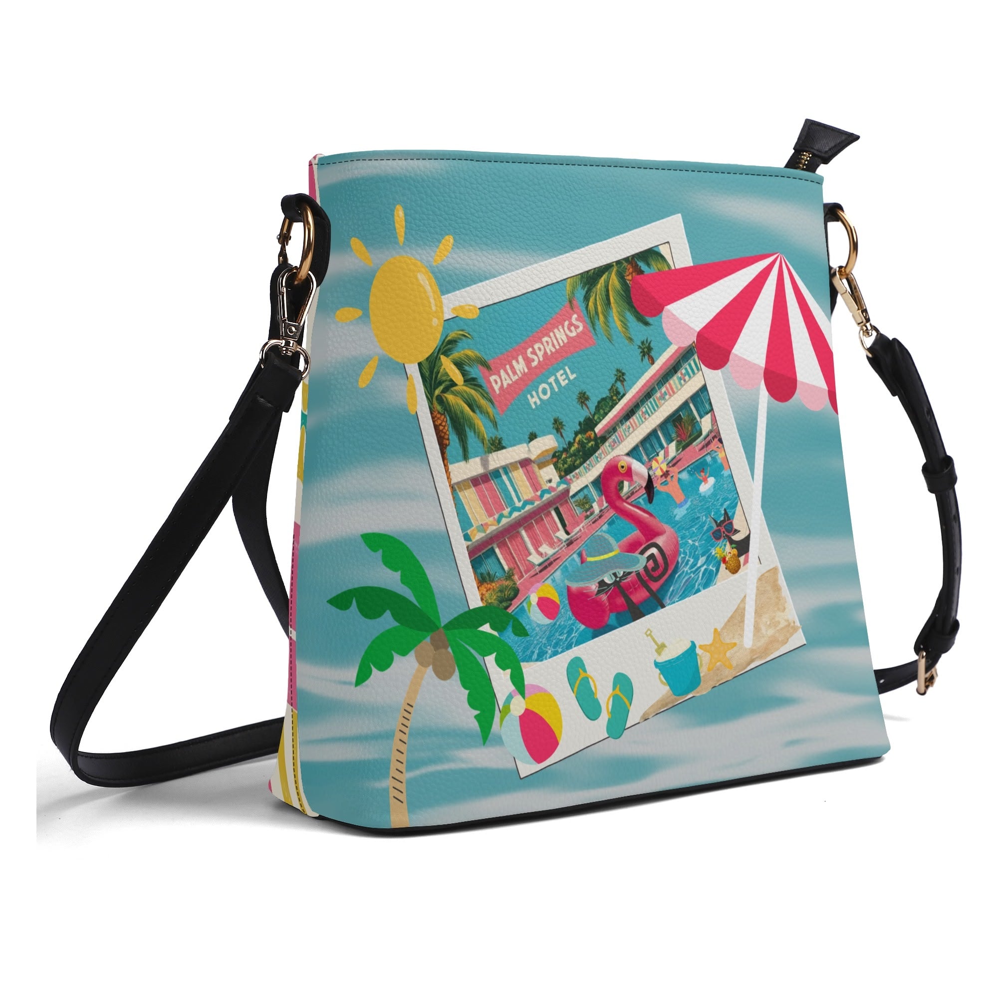 Atomic Cat Bucket, Kitschy Mod Flamingos, Palm Springs Hotel Shoulder Bag, Atomic 50s Fashion Bag, Pink, Aqua, Yellow Reversible Design By MCM Gal, Mid Century Mod Kitschy Trendy Purse - Mid Century Modern Gal