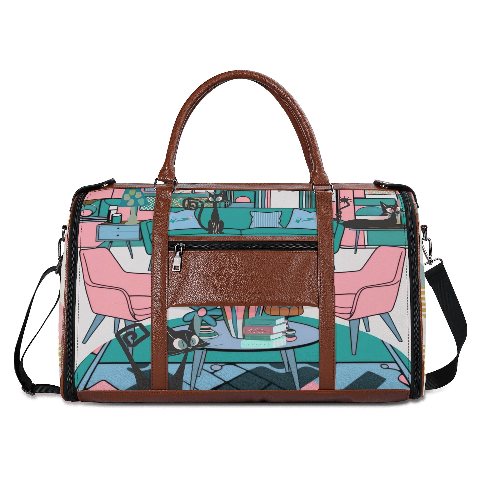 Mid Century Modern Travel Bag, Leisure Mid Mod Atomic Cats, Retro Travel Duffle Trifold Bag - Mid Century Modern Gal