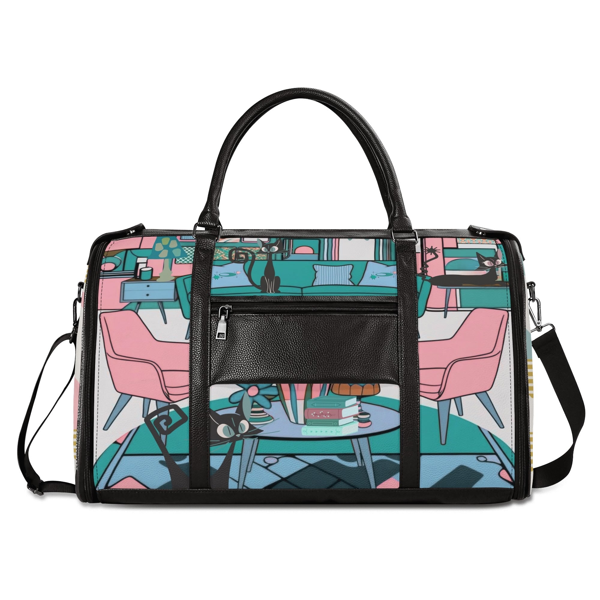 Mid Century Modern Travel Bag, Leisure Mid Mod Atomic Cats, Retro Travel Duffle Trifold Bag - Mid Century Modern Gal