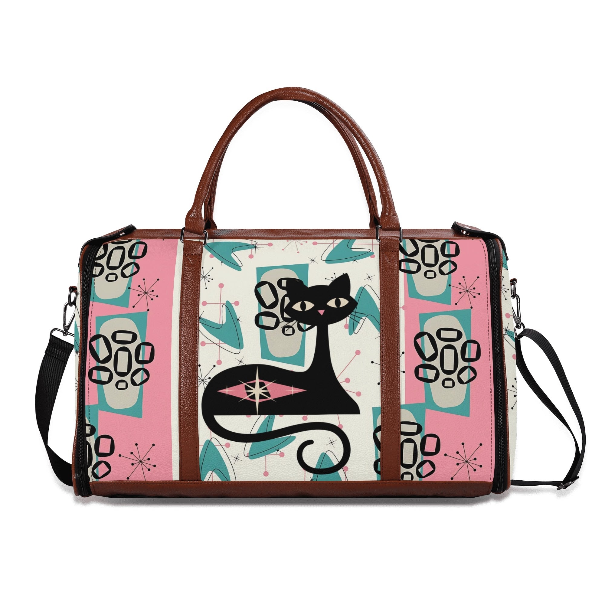 Mid Century Modern Travel Duffle Trifold Bag, Atomic Cat, Kitschy Pink, Aqua Starbursts Designed Retro Bag - Mid Century Modern Gal