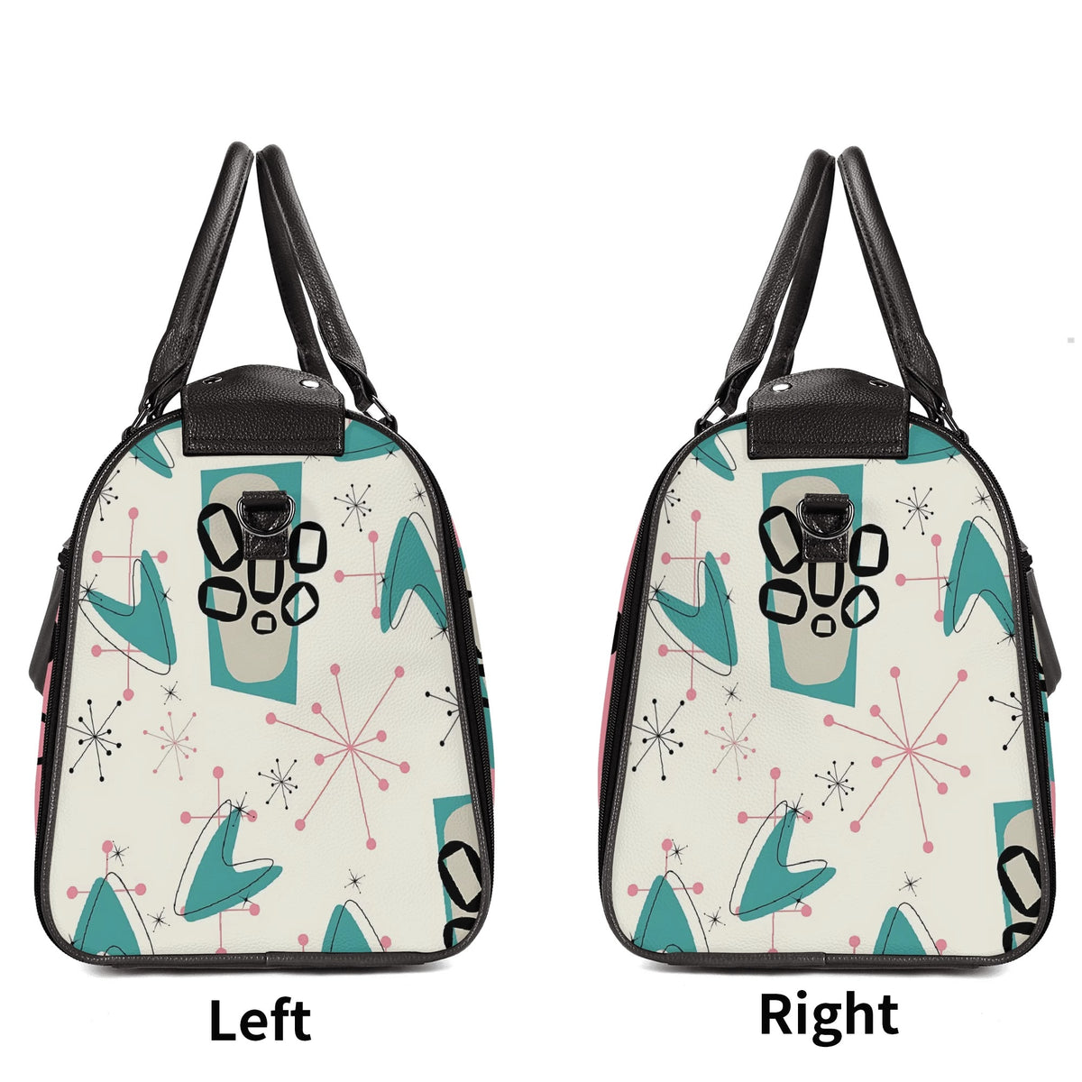 Mid Century Modern Travel Duffle Trifold Bag, Atomic Cat, Kitschy Pink, Aqua Starbursts Designed Retro Bag - Mid Century Modern Gal